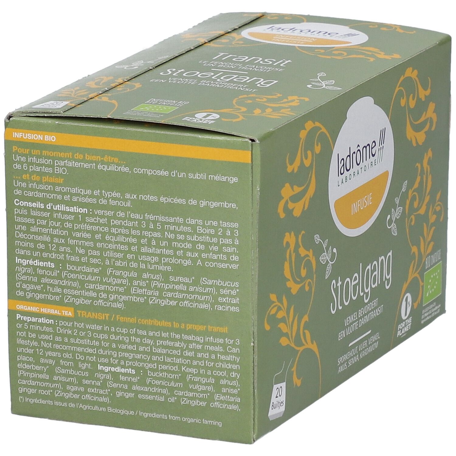 Doos Ladrôme Infusion Stoelgang. Groene verpakking met gele versieringen, logo en tekst. 20 zakjes.