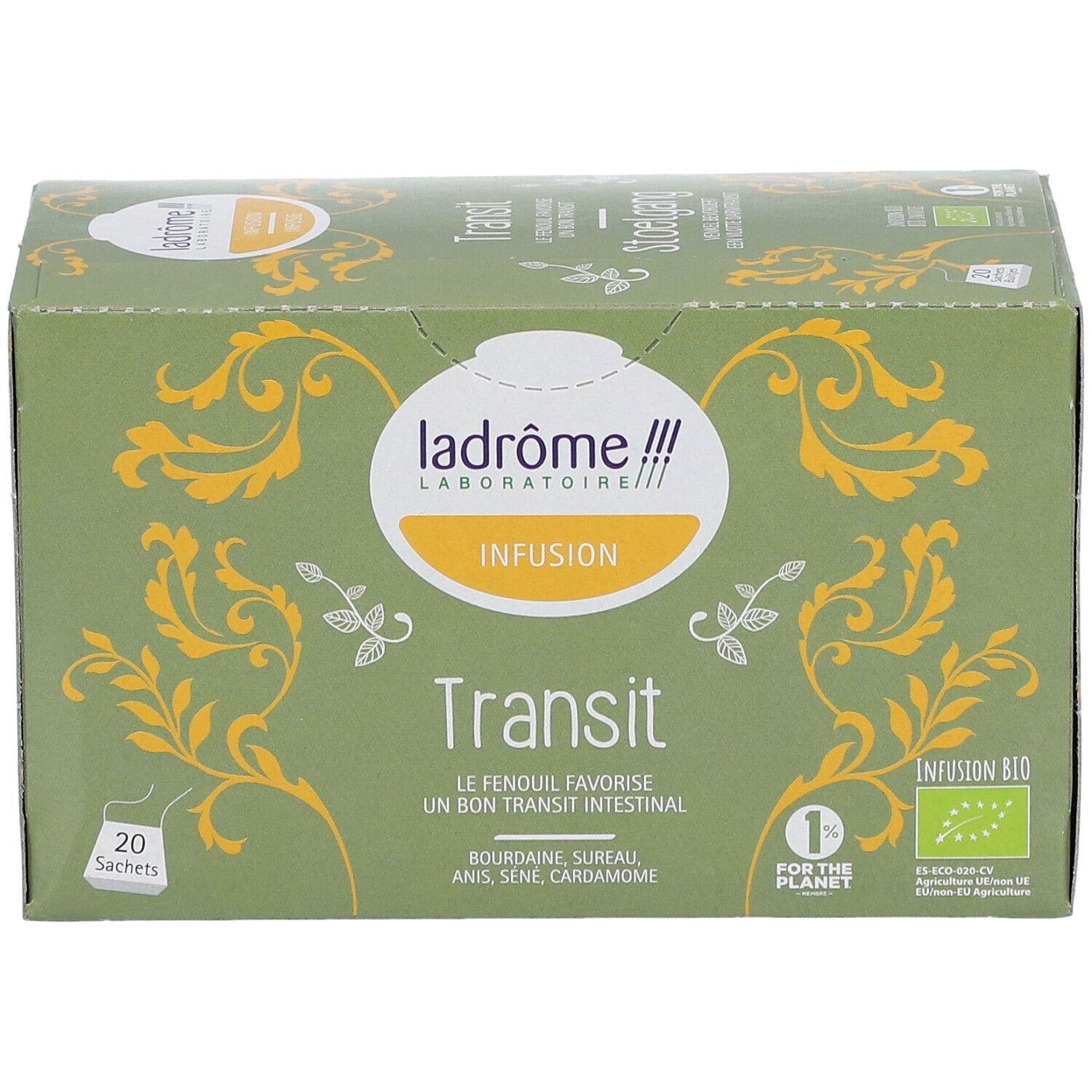 Doos Ladrôme Infusion Transit Bio. Groene verpakking met gele versieringen, logo en tekst. 20 zakjes.