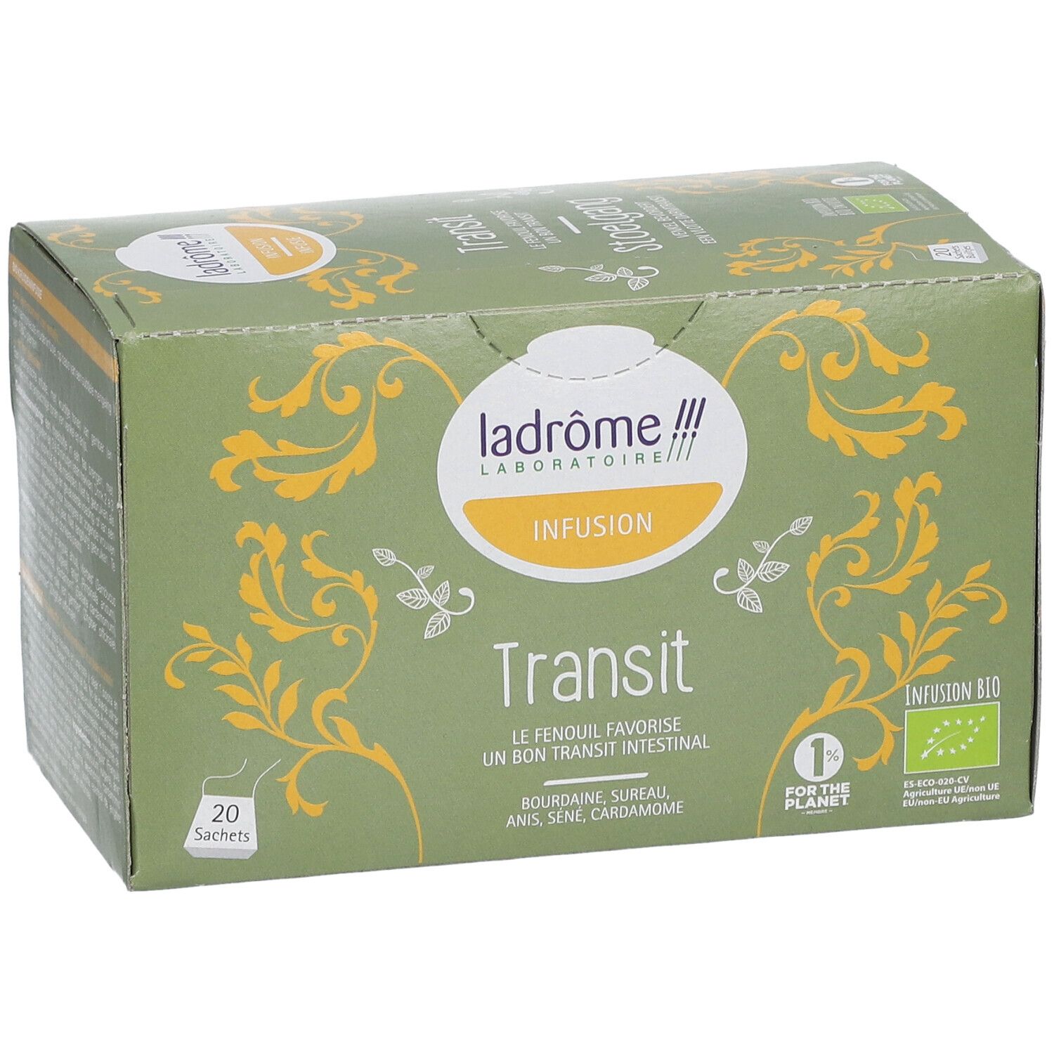 Doos Ladrôme Infusion Transit Bio. Groene verpakking met gele versieringen, logo en tekst. 20 zakjes.