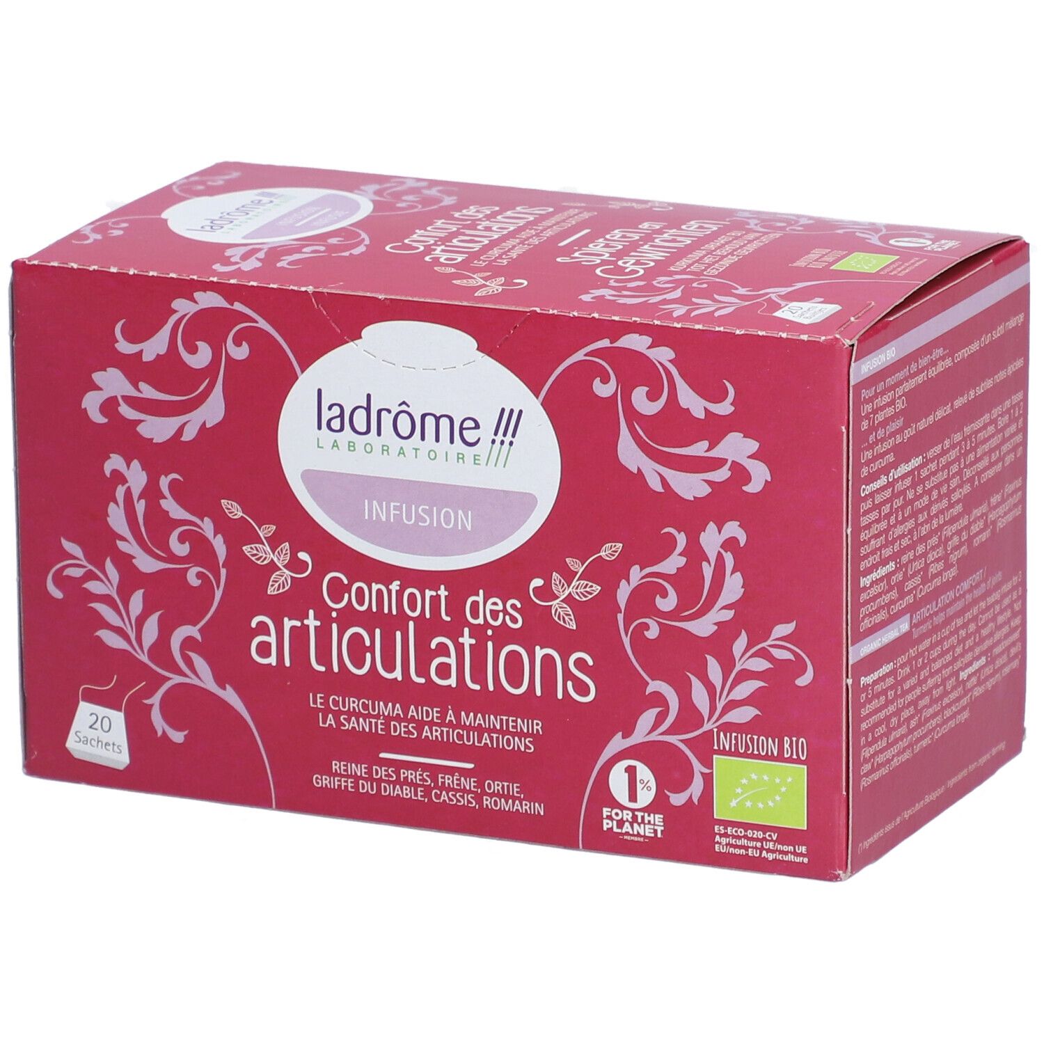 Rode doos kruidenthee. Opschrift: Ladrôme Infusion Confort des articulations. 20 zakjes. Bio-label.
