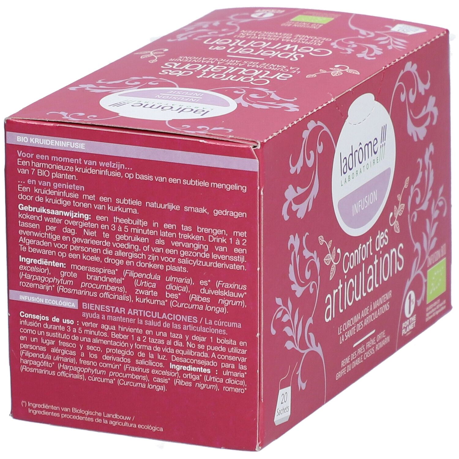 Rode doos kruidenthee. Opschrift: Ladrôme Infusion Confort des articulations. Bio-label. Meertalige tekst.