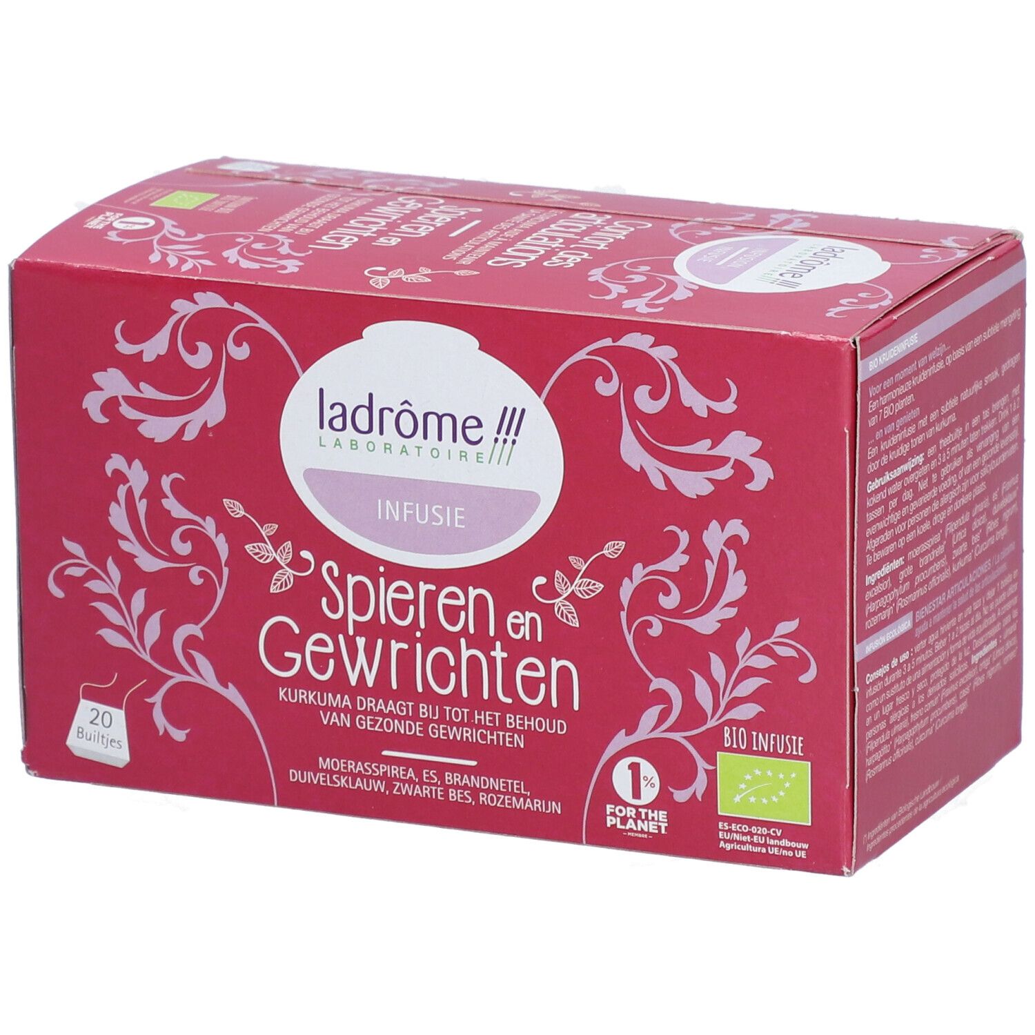 Rode doos kruidenthee. Opschrift: Ladrôme Infusion Spieren en Gewrichten. 20 zakjes. Bio-label.