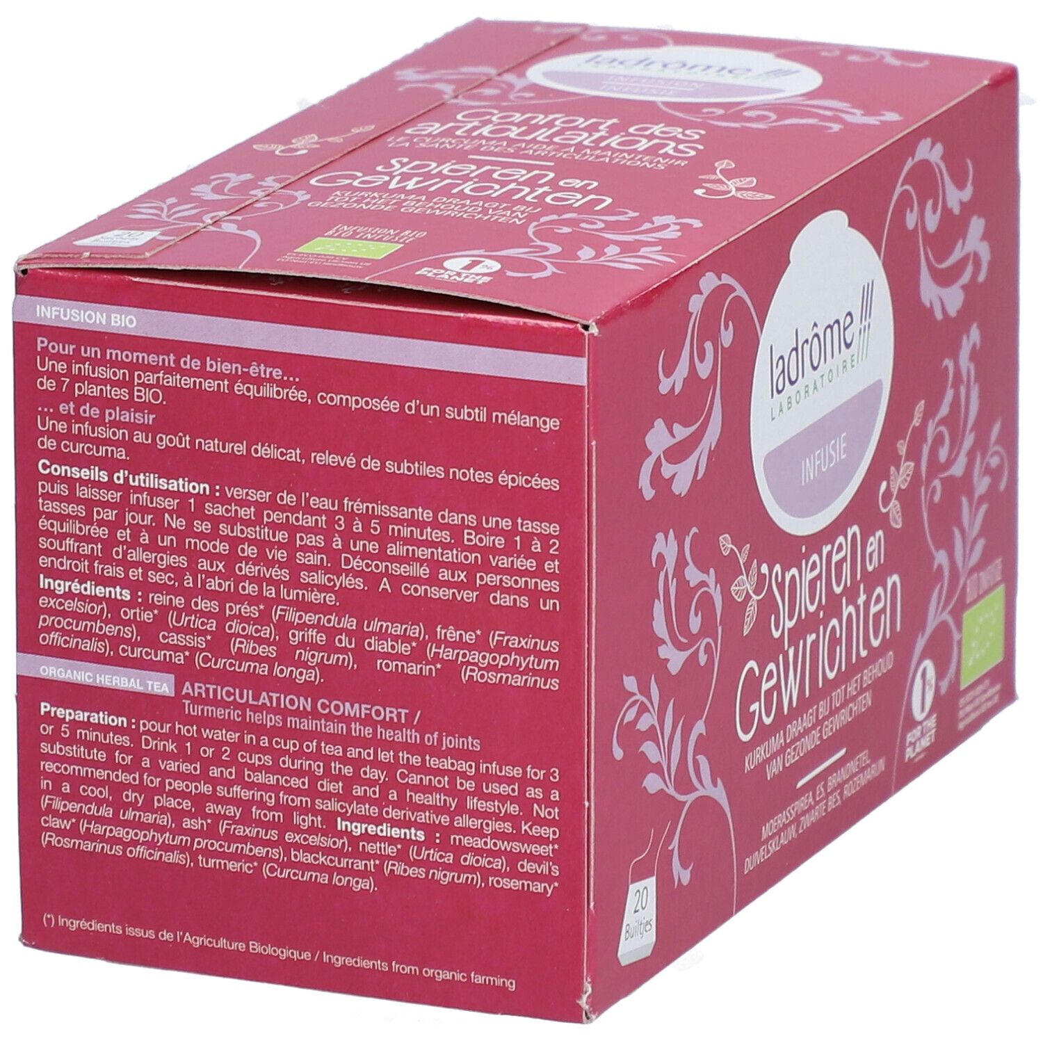 Rode doos kruidenthee. Opschrift: Ladrôme Infusion Spieren en Gewrichten. Bio-label. Meertalige tekst.