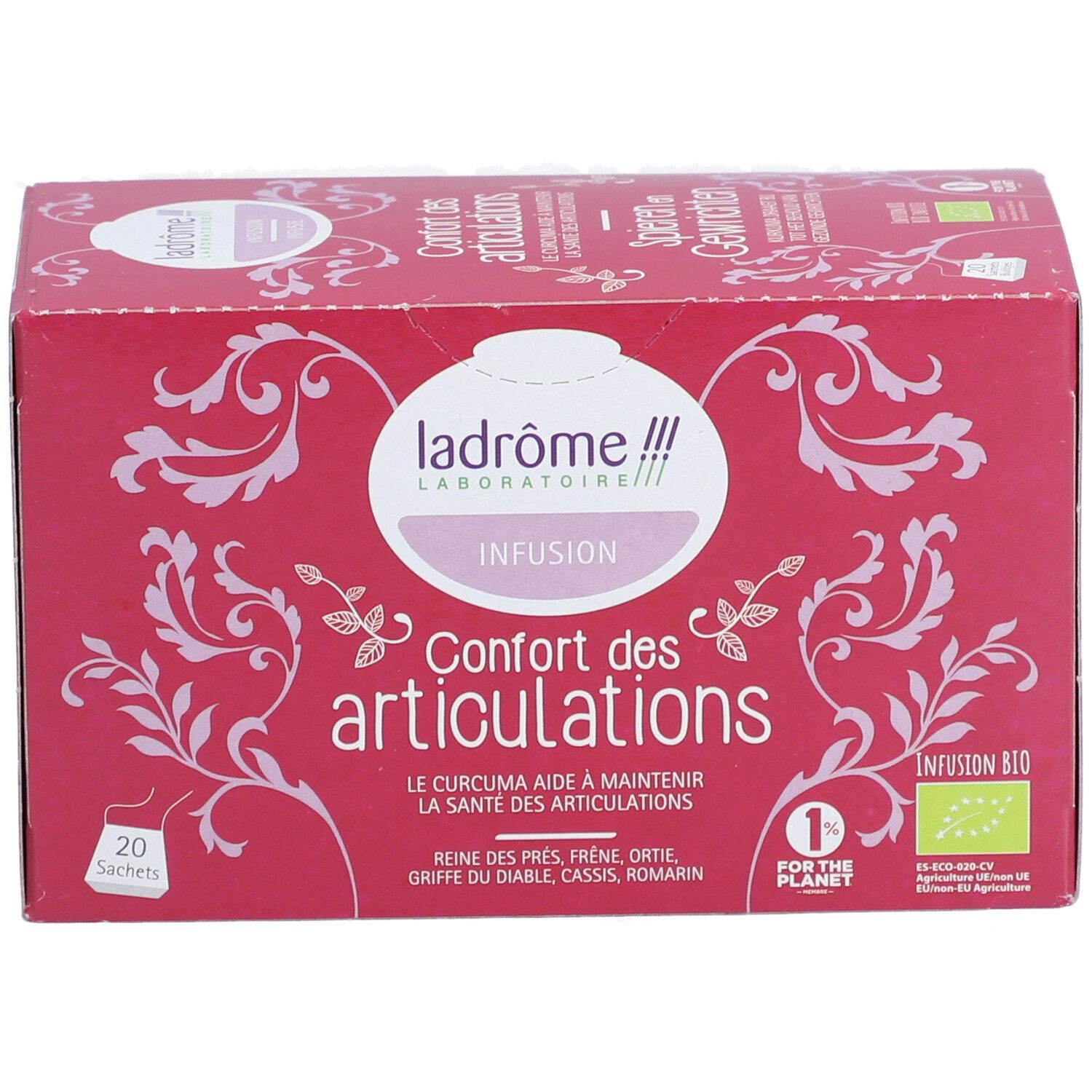 Rode doos kruidenthee. Opschrift: Ladrôme Infusion Confort des articulations. 20 zakjes. Bio-label.