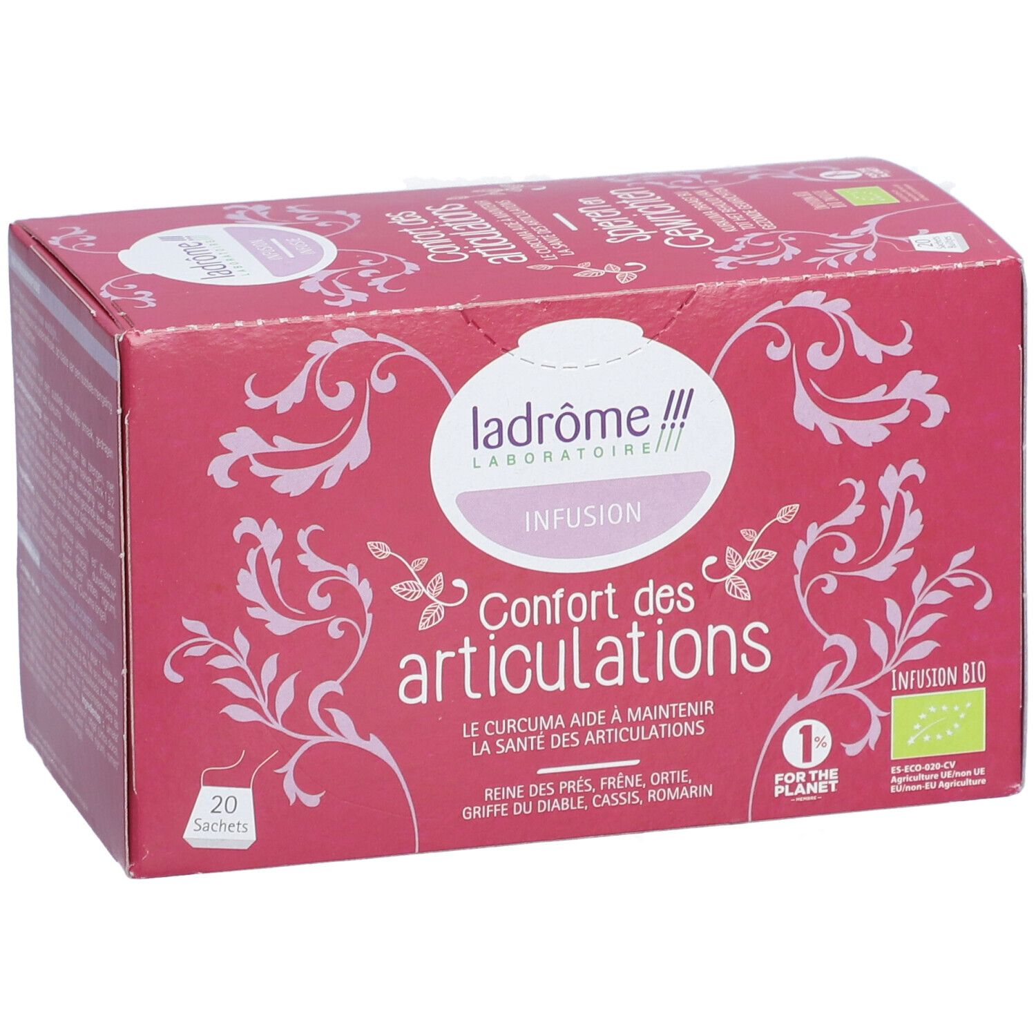 Rode doos kruidenthee. Opschrift: Ladrôme Infusion Confort des articulations. 20 zakjes. Bio-label.