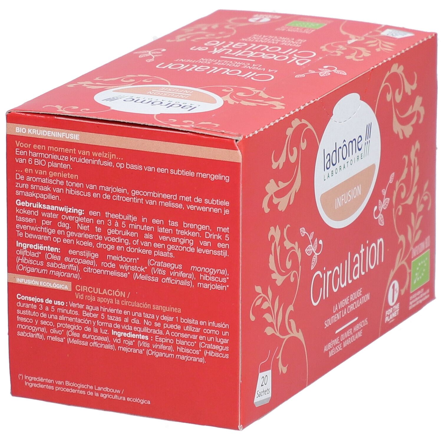 Boîte rouge avec texte. Contient 20 sachets. Label bio. Marque: Ladrome.
