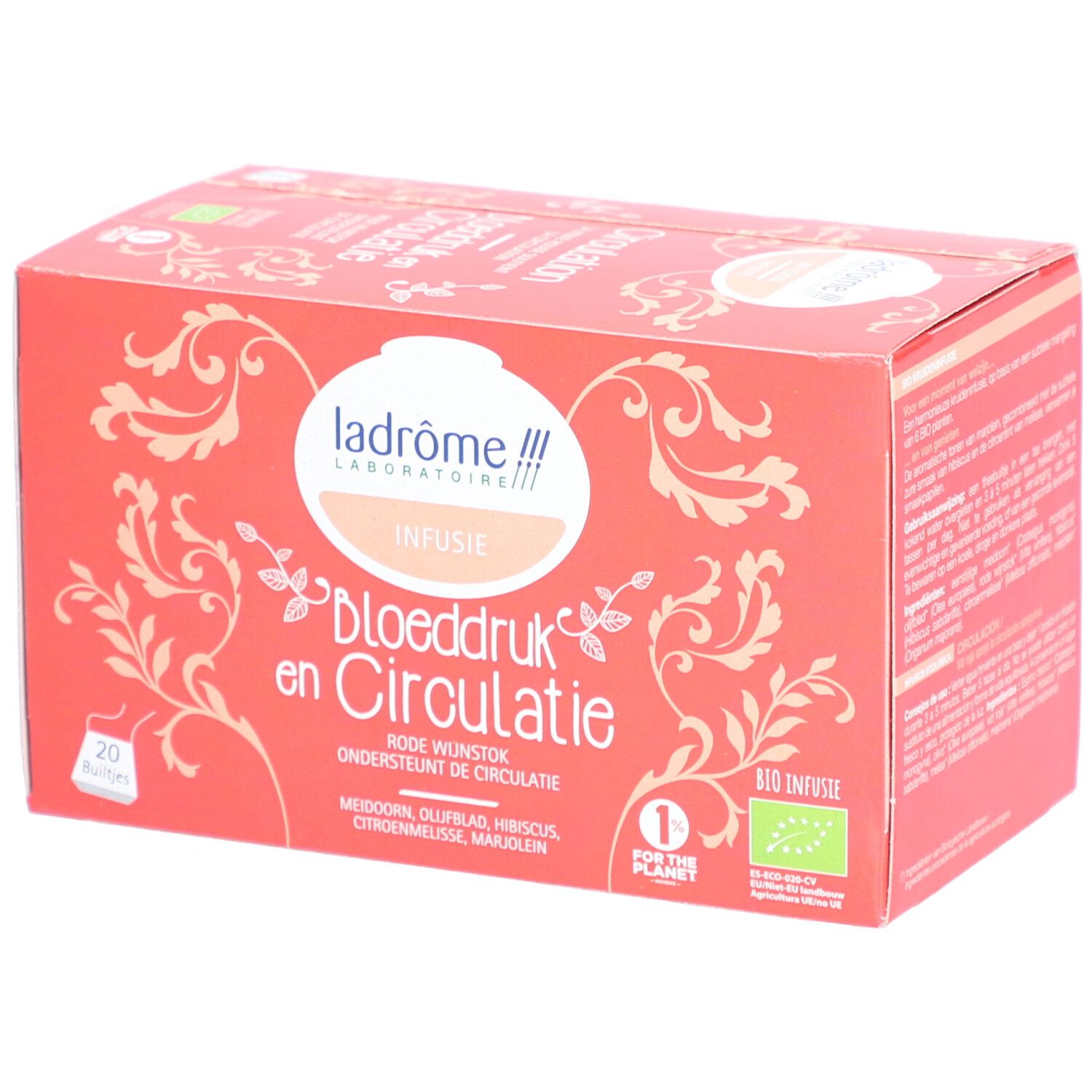 Boîte rouge avec "Bloeddruk en Circulatie". Contient 20 sachets. Label bio.