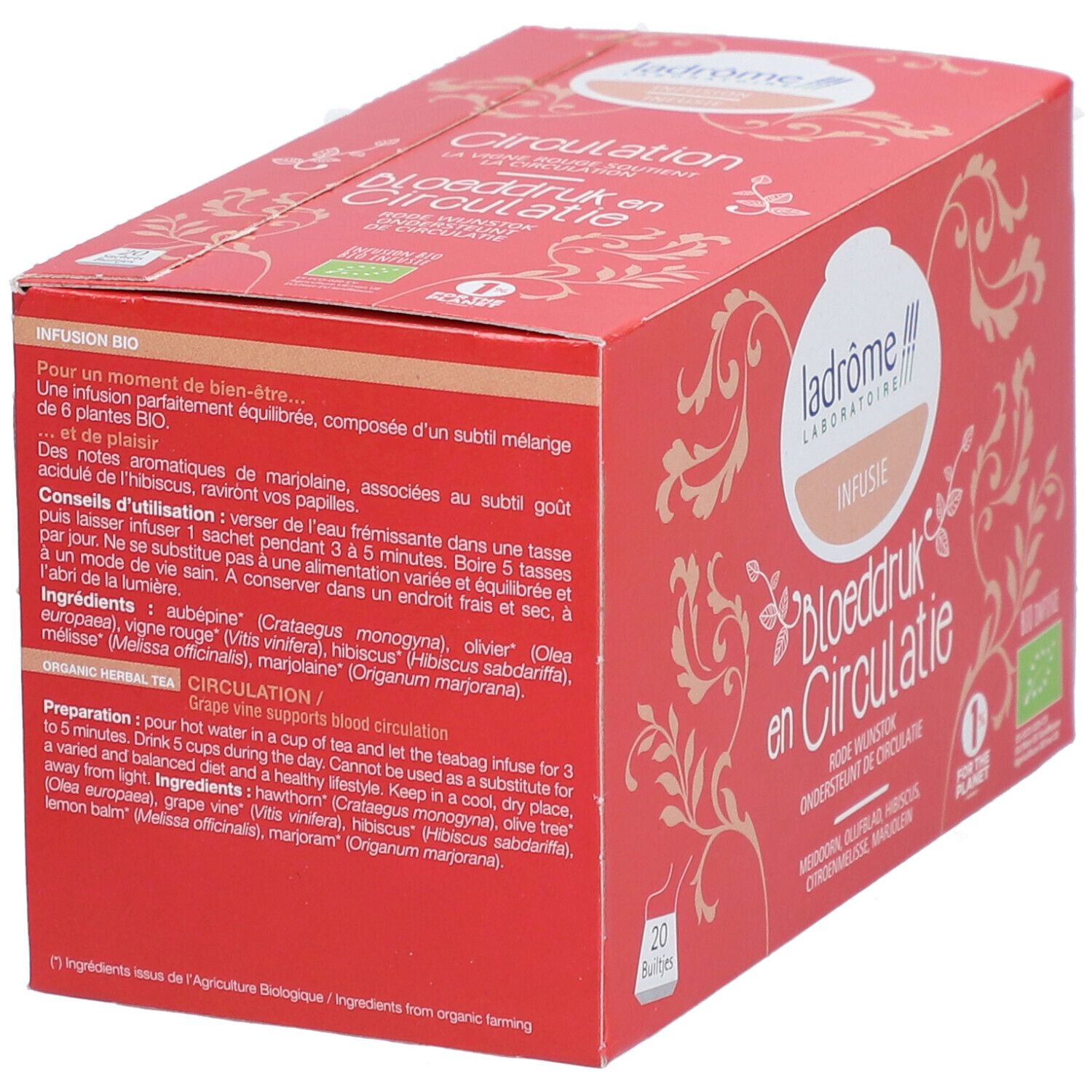 Boîte rouge avec texte. Contient 20 sachets. Label bio. Marque: Ladrome.