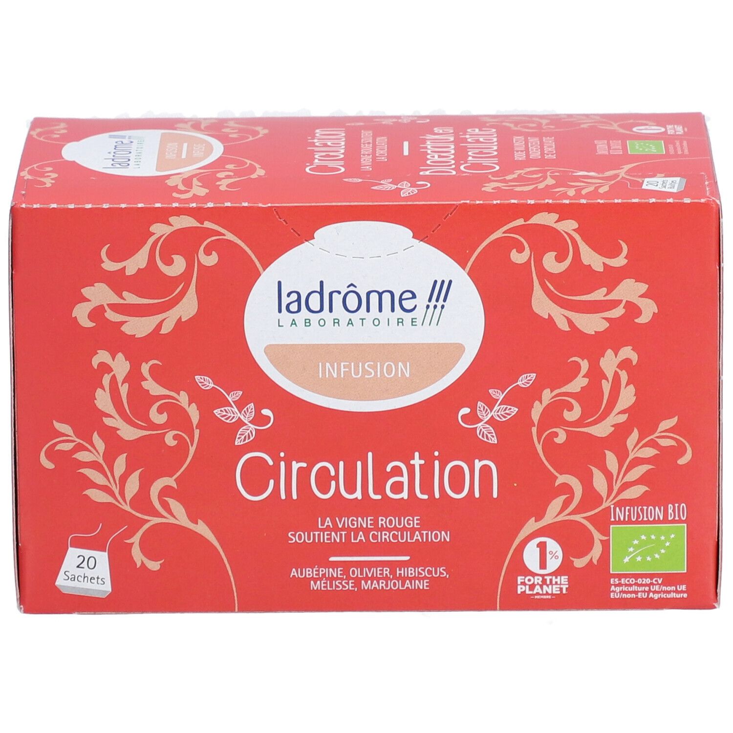 Boîte rouge avec "Circulation". Contient 20 sachets. Label bio.