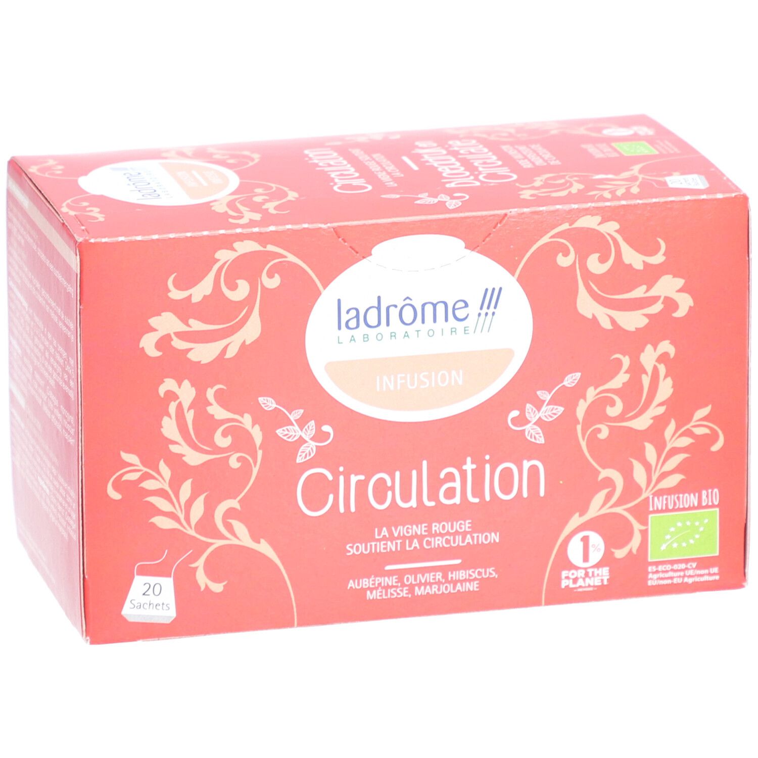 Boîte rouge avec "Circulation". Contient 20 sachets. Label bio.
