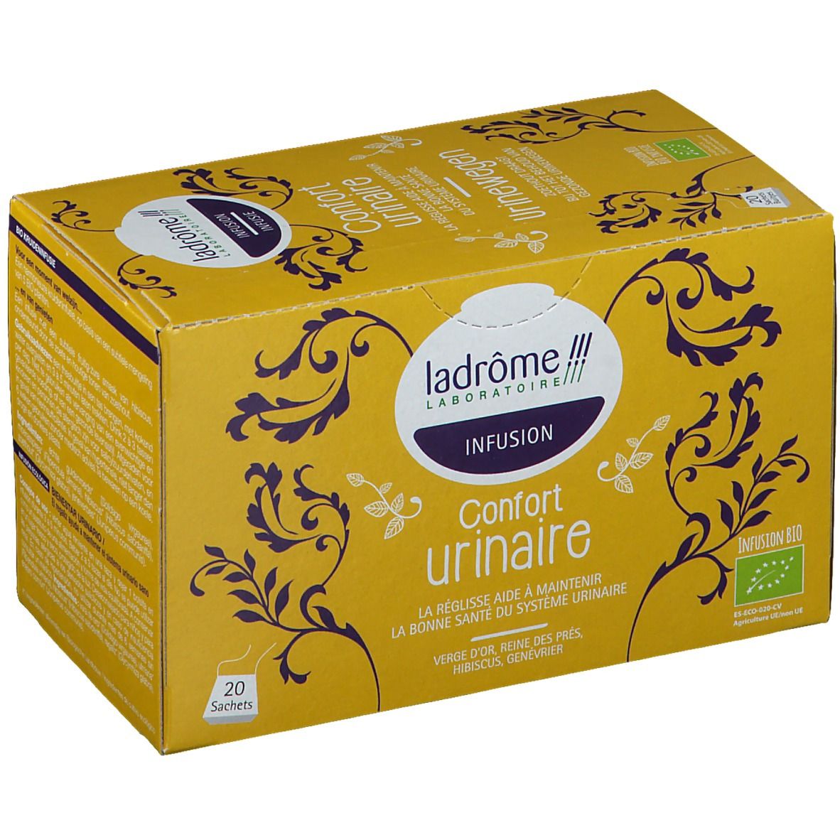 Gele doos met opschrift Confort urinaire, Infusion. 20 zakjes. Bio-certificering.