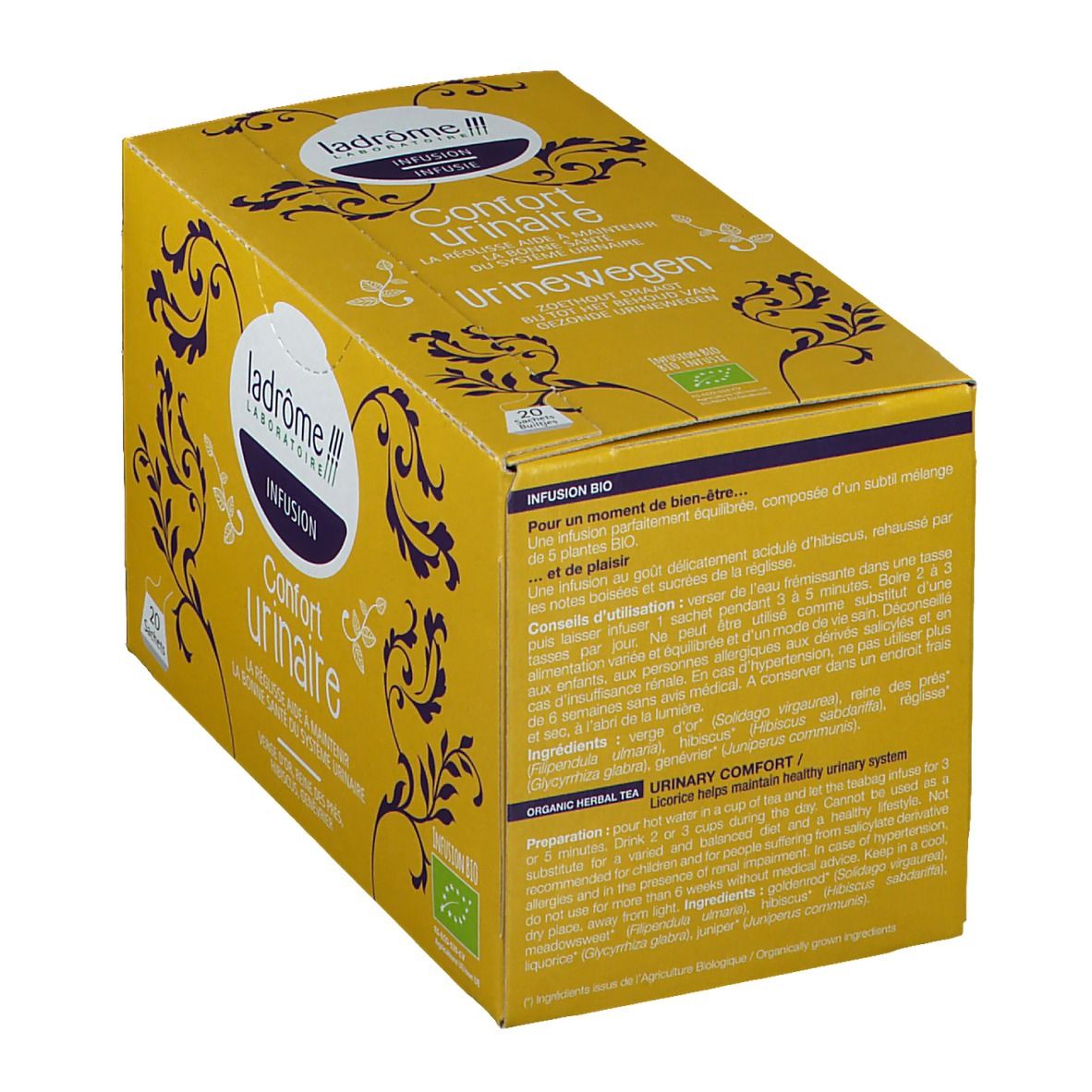 Gele doos met opschrift Confort urinaire, Infusion. 20 zakjes. Bio-certificering.