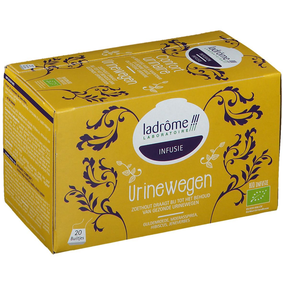 Gele doos met opschrift Confort urinaire, Infusion. 20 zakjes. Bio-certificering.