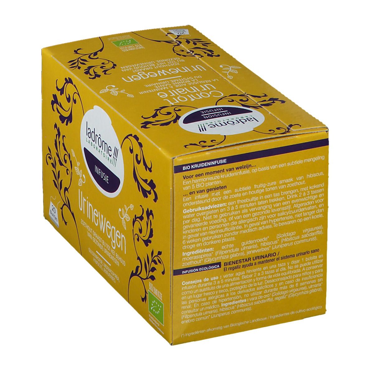 Gele doos met opschrift Urinewegen, Infusion. 20 zakjes. Bio-certificering.