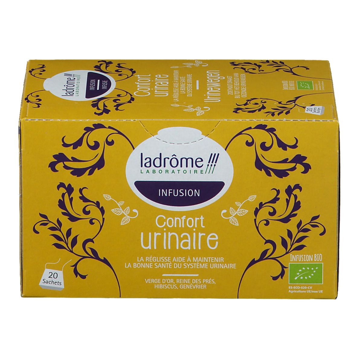 Gele doos met opschrift Confort urinaire, Infusion. 20 zakjes. Bio-certificering.