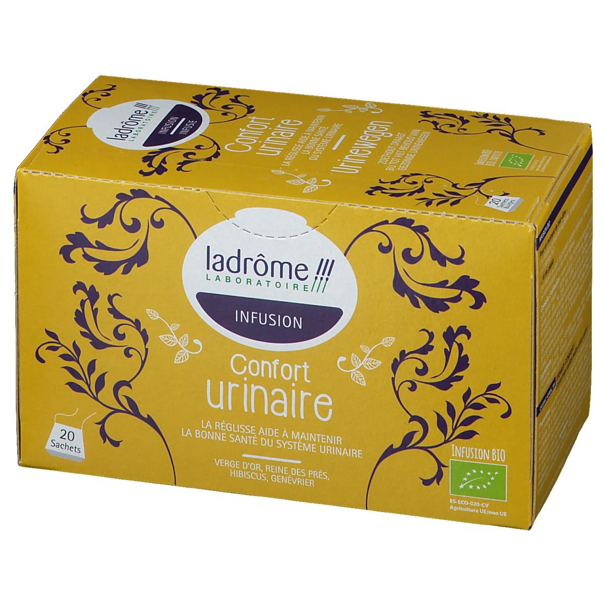 Gele doos met opschrift Confort urinaire, Infusion. 20 zakjes. Bio-certificering.