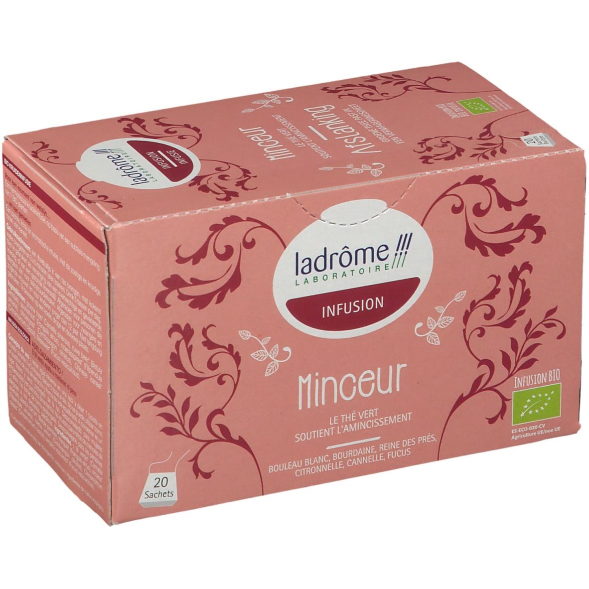 Roze doos met theezakjes. Opschrift: Ladrome Infusion Minceur, 20 zakjes, bio-label.