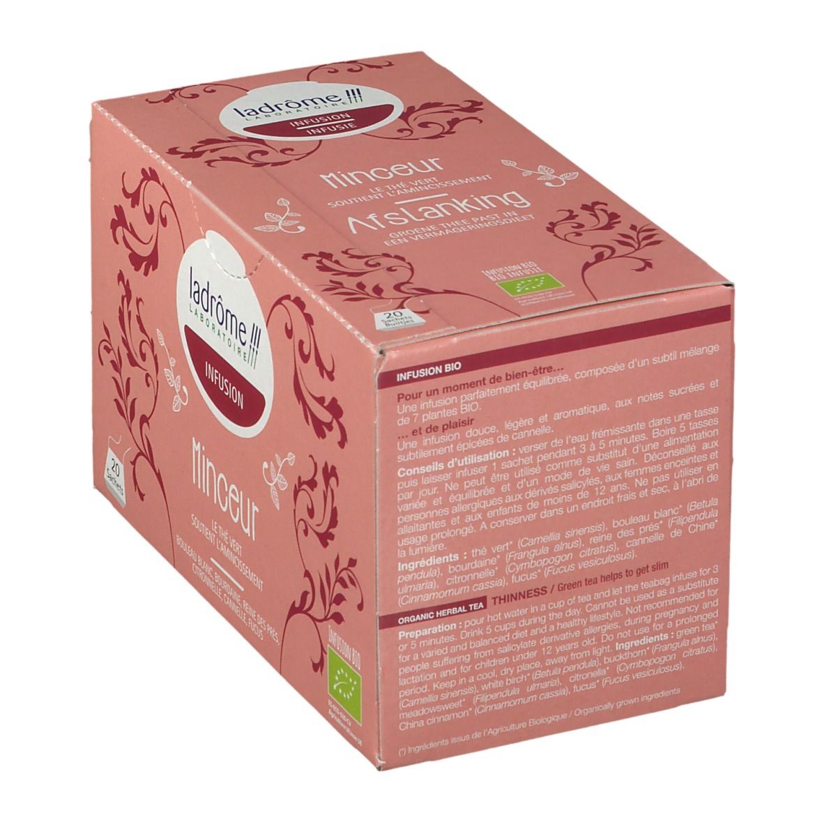 Roze doos met theezakjes. Opschrift: Ladrome Infusion Minceur, 20 zakjes, bio-label.