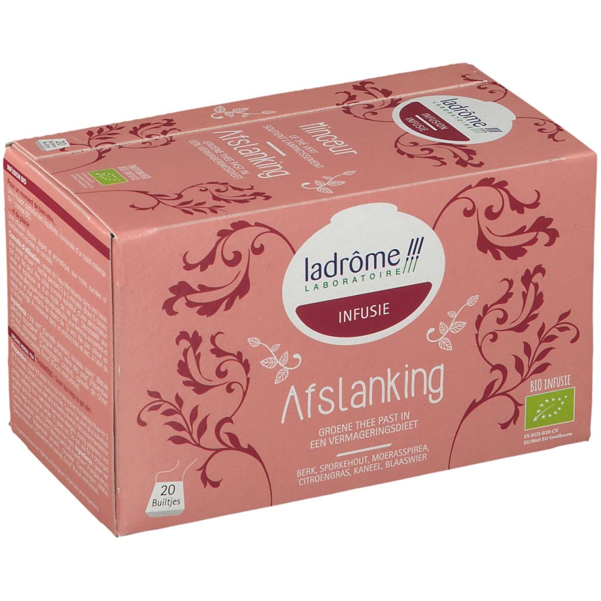 Roze doos met theezakjes. Opschrift: Ladrome Infusion Minceur, 20 zakjes, bio-label.