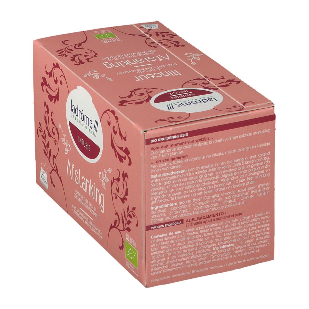 Roze doos met theezakjes. Opschrift: Ladrome Infusion Minceur, 20 zakjes, bio-label.