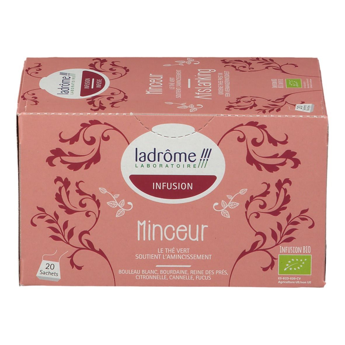 Roze doos met theezakjes. Opschrift: Ladrome Infusion Minceur, 20 zakjes, bio-label.