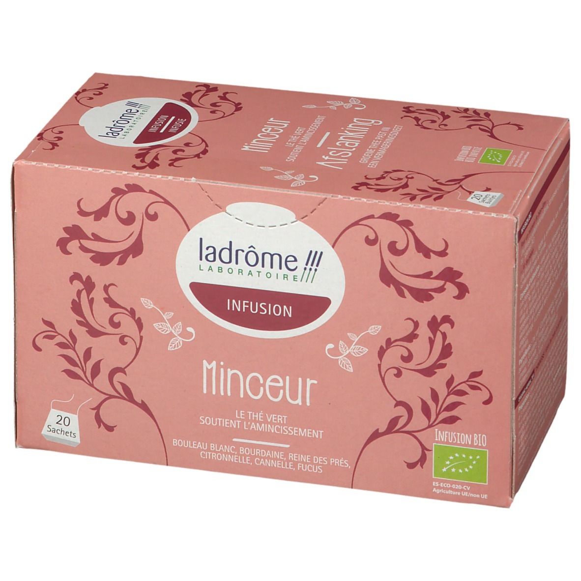 Roze doos met theezakjes. Opschrift: Ladrome Infusion Minceur, 20 zakjes, bio-label.