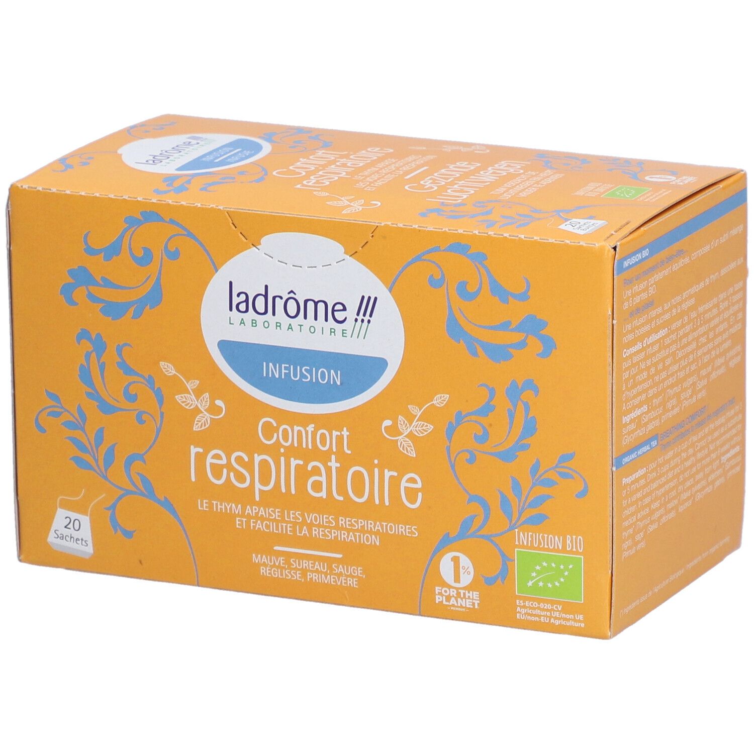 Oranje doos met blauwe patronen en tekst. Merk: Ladrôme Infusion Confort respiratoire. 20 zakjes.