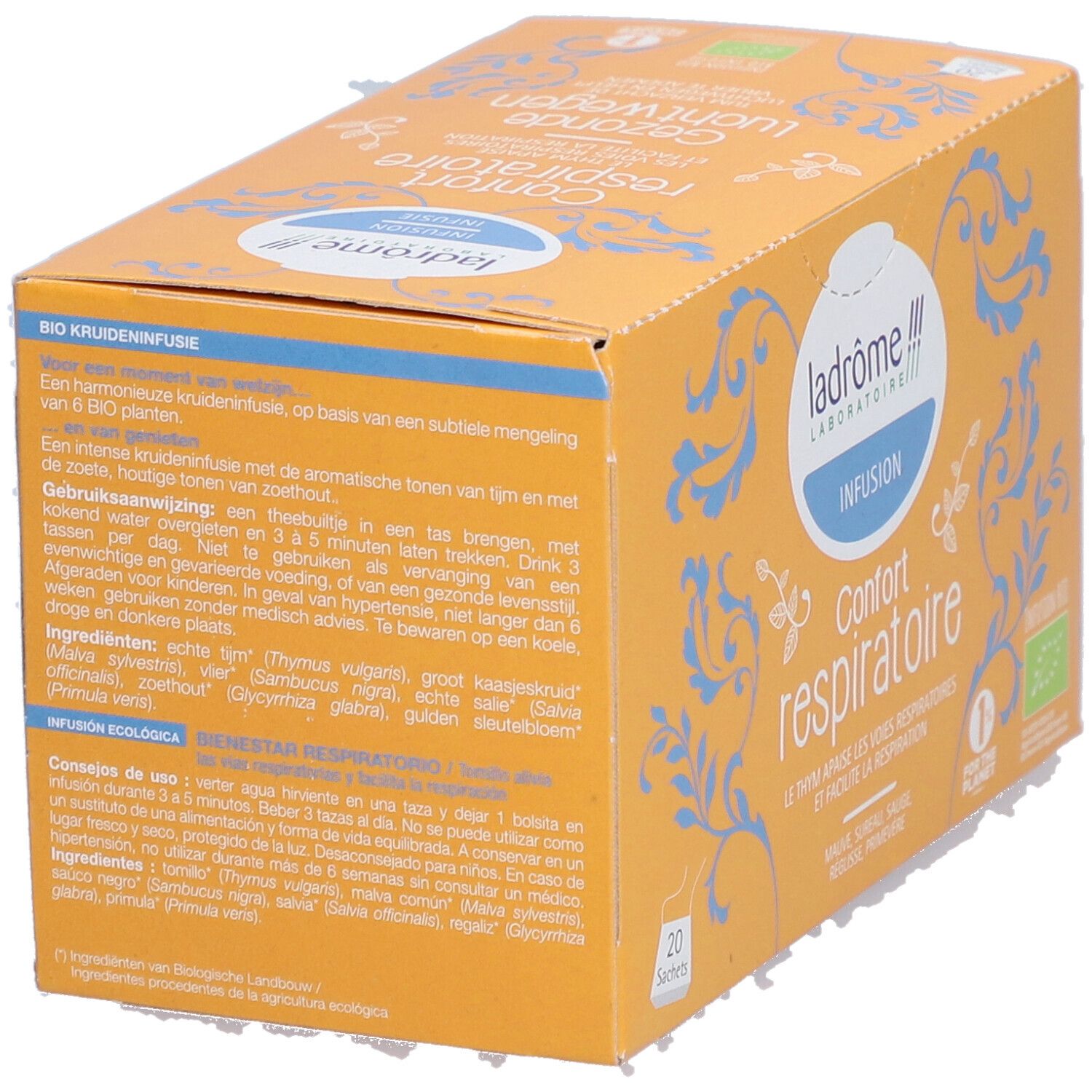 Oranje doos met tekst en blauwe patronen. Merk: Ladrôme Infusion Confort respiratoire. 20 zakjes.