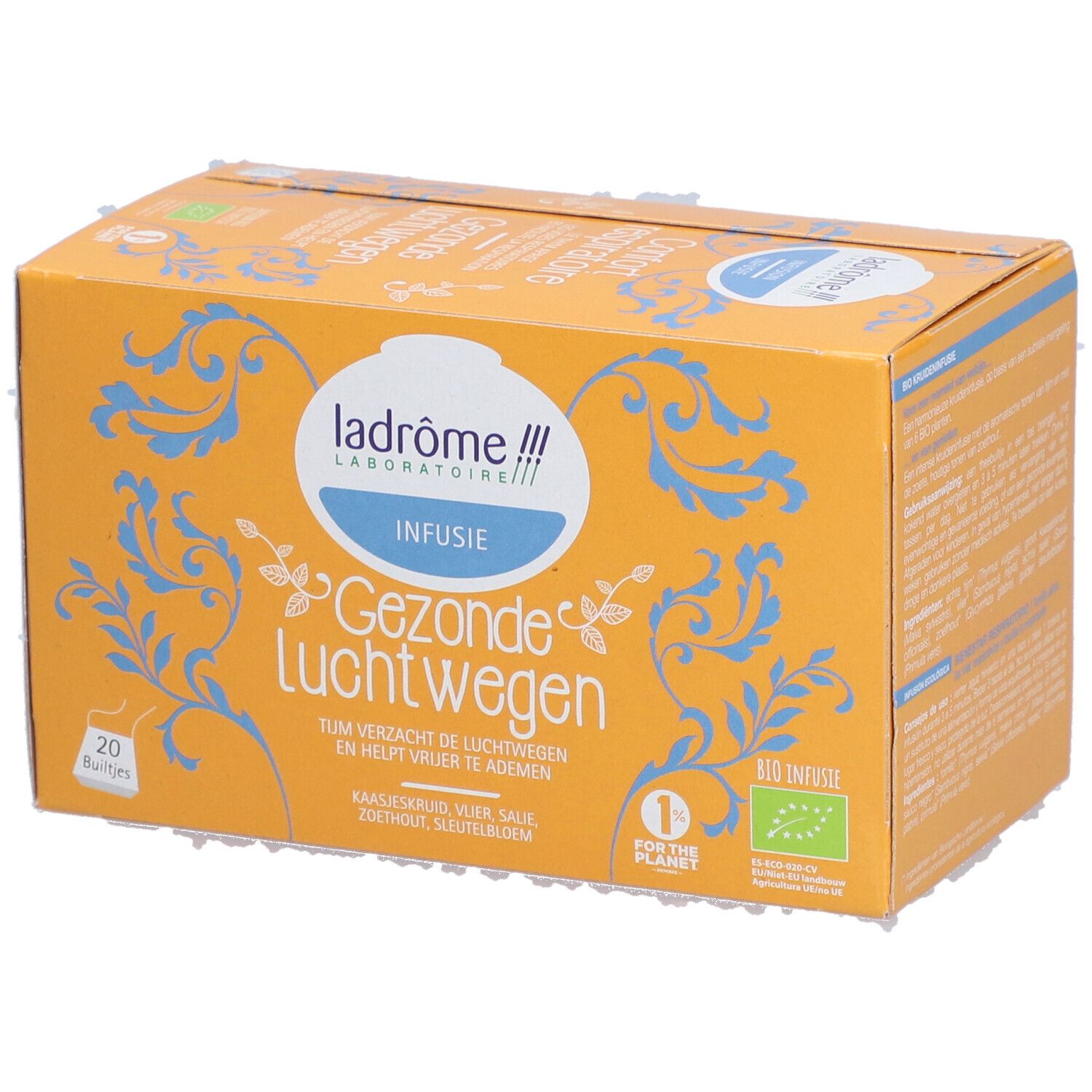 Oranje doos met tekst en blauwe patronen. Merk: Ladrôme Infusion Gezonde luchtwegen. 20 zakjes.