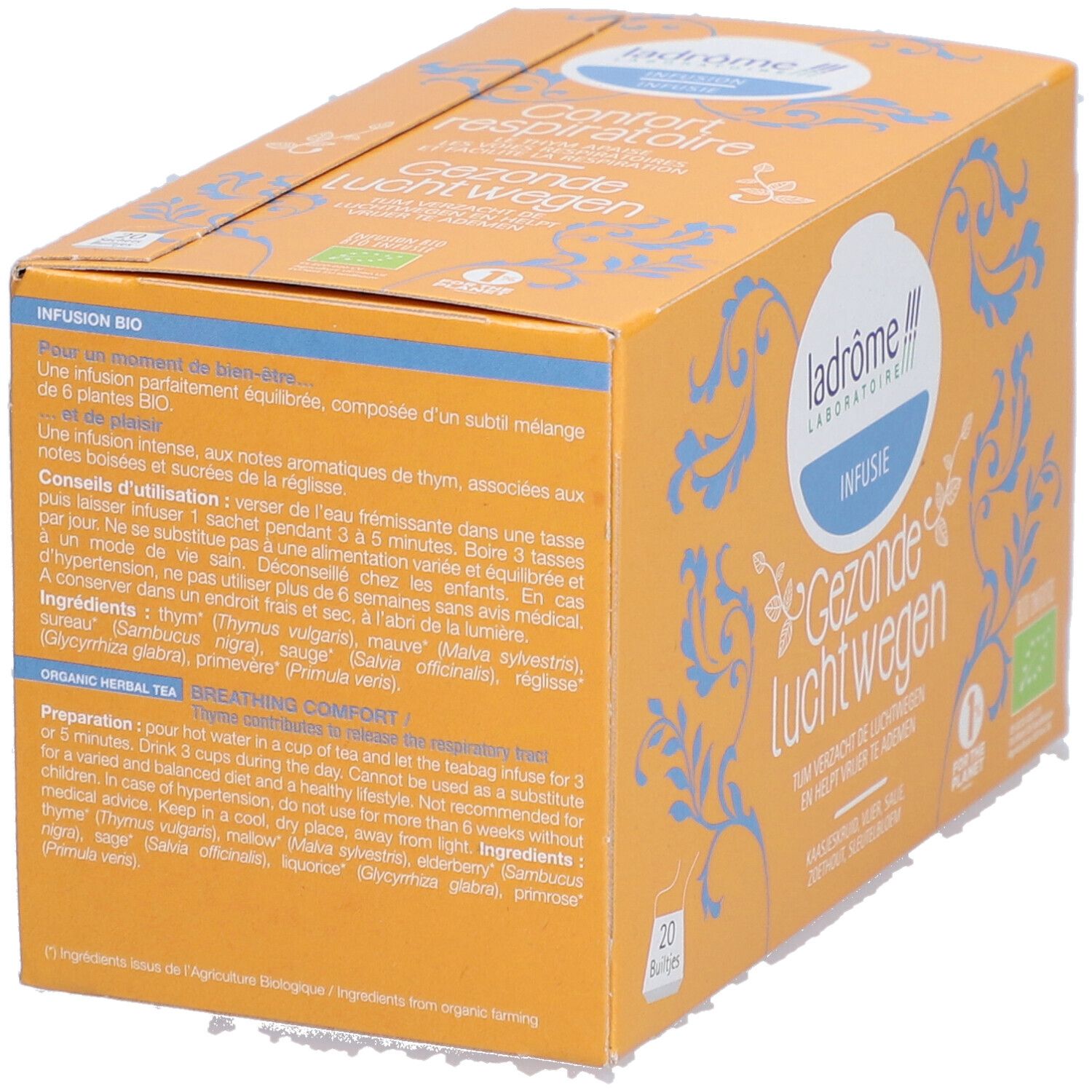 Oranje doos met tekst en blauwe patronen. Merk: Ladrôme Infusion Gezonde luchtwegen. 20 zakjes.