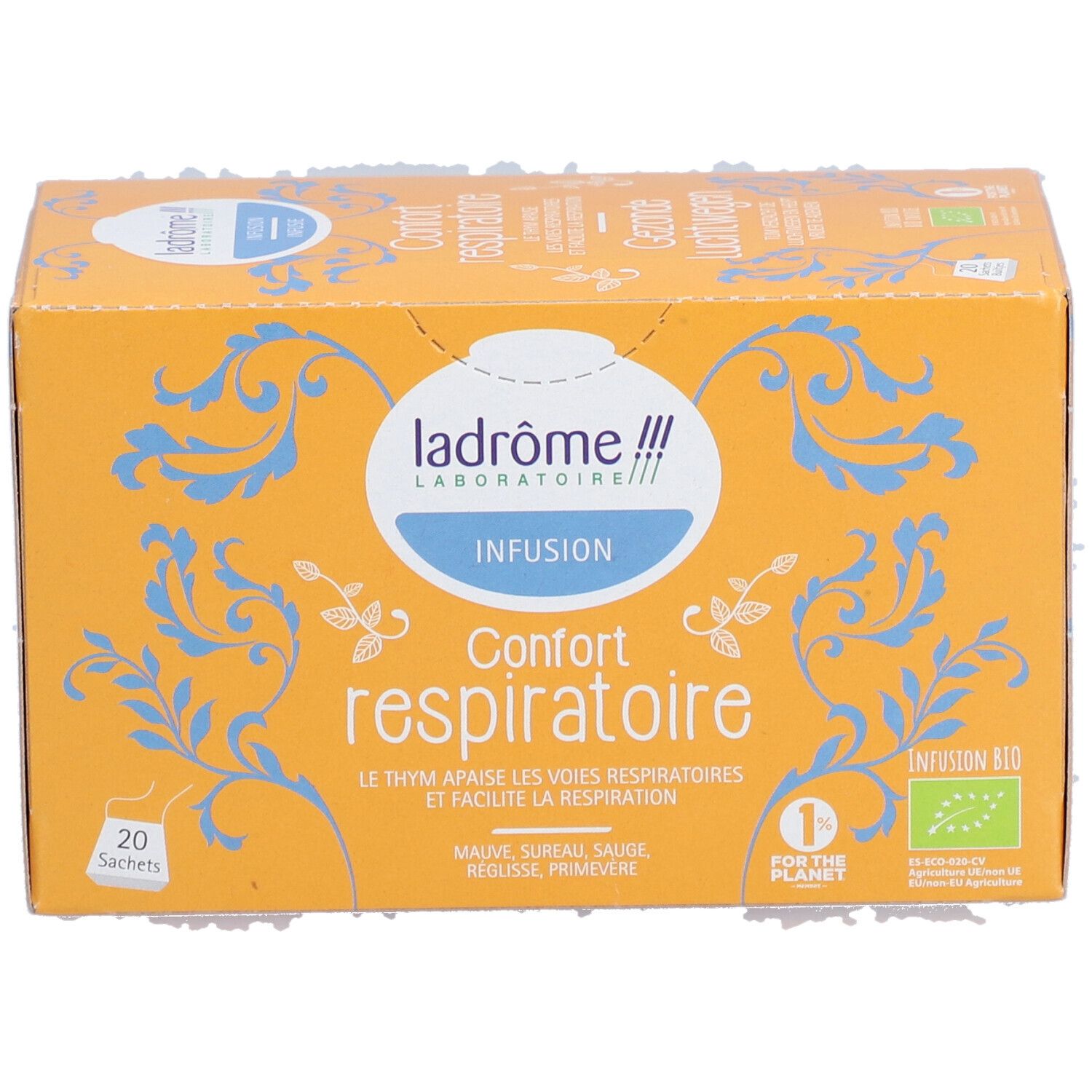 Oranje doos met tekst en blauwe patronen. Merk: Ladrôme Infusion Confort respiratoire. 20 zakjes.