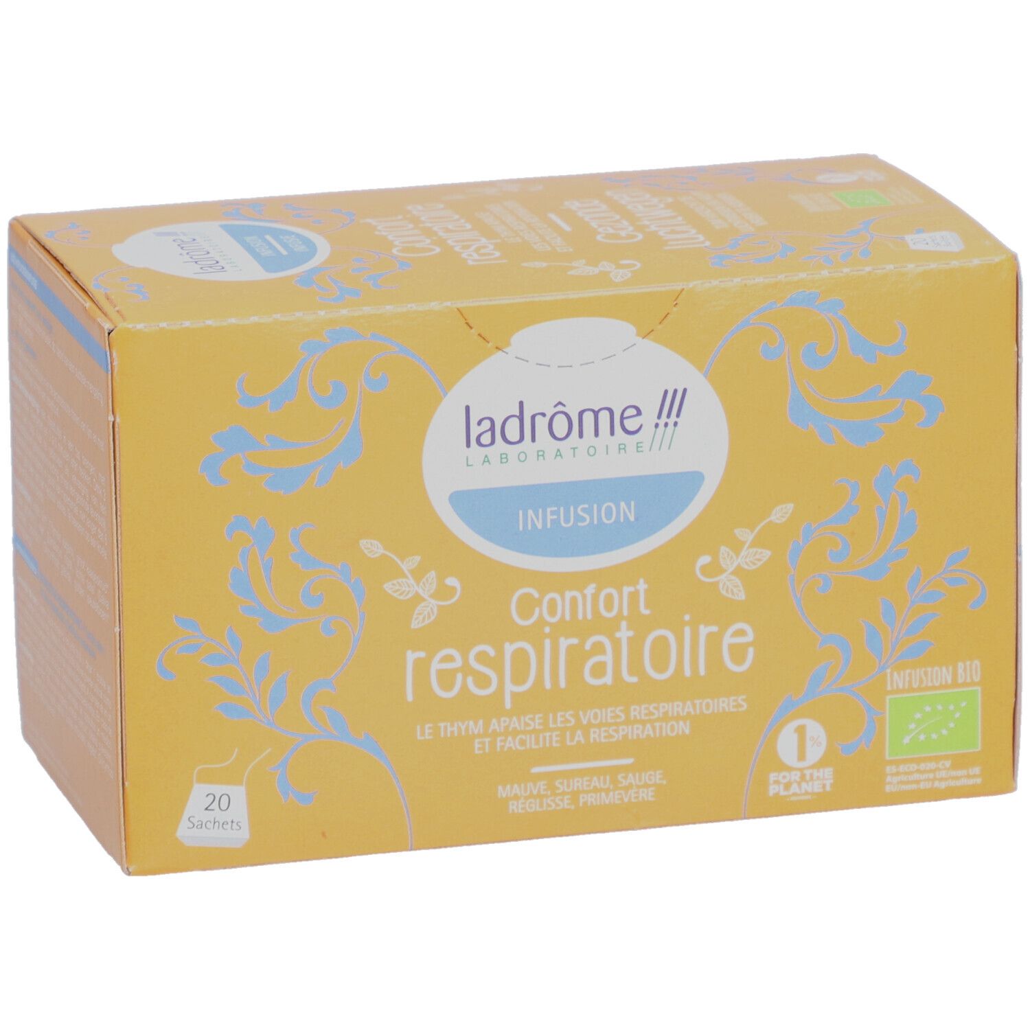 Gele doos met tekst en blauwe patronen. Merk: Ladrôme Infusion Confort respiratoire. 20 zakjes.