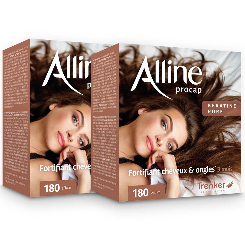 Deux boîtes de Procap Alline. Inscription : Kératine Pure, 180 gélules, Fortifiant cheveux & ongles 3 mois.