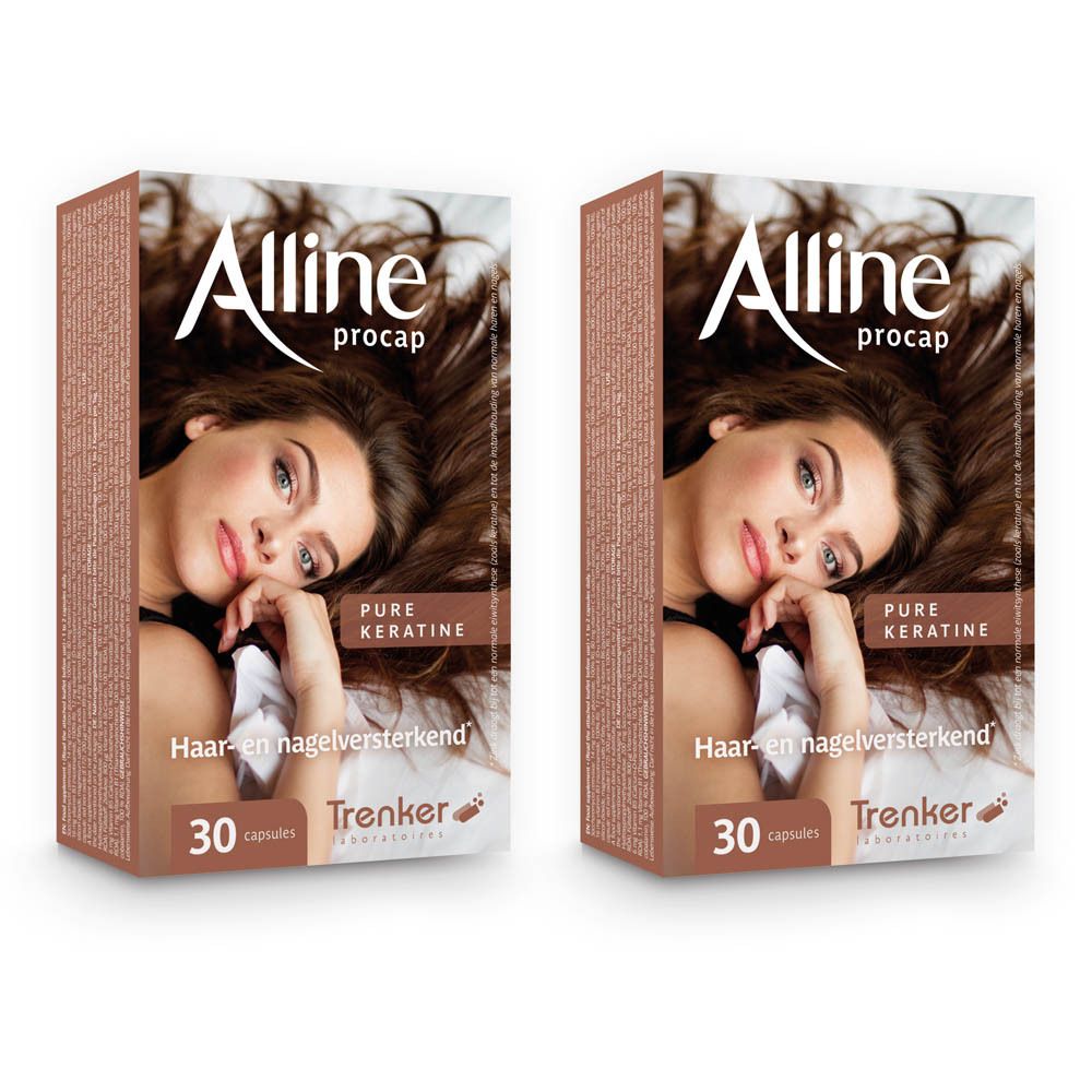 Twee dozen Alline Procap, Pure Keratine. Opschrift: 30 capsules. Trenker Laboratories.