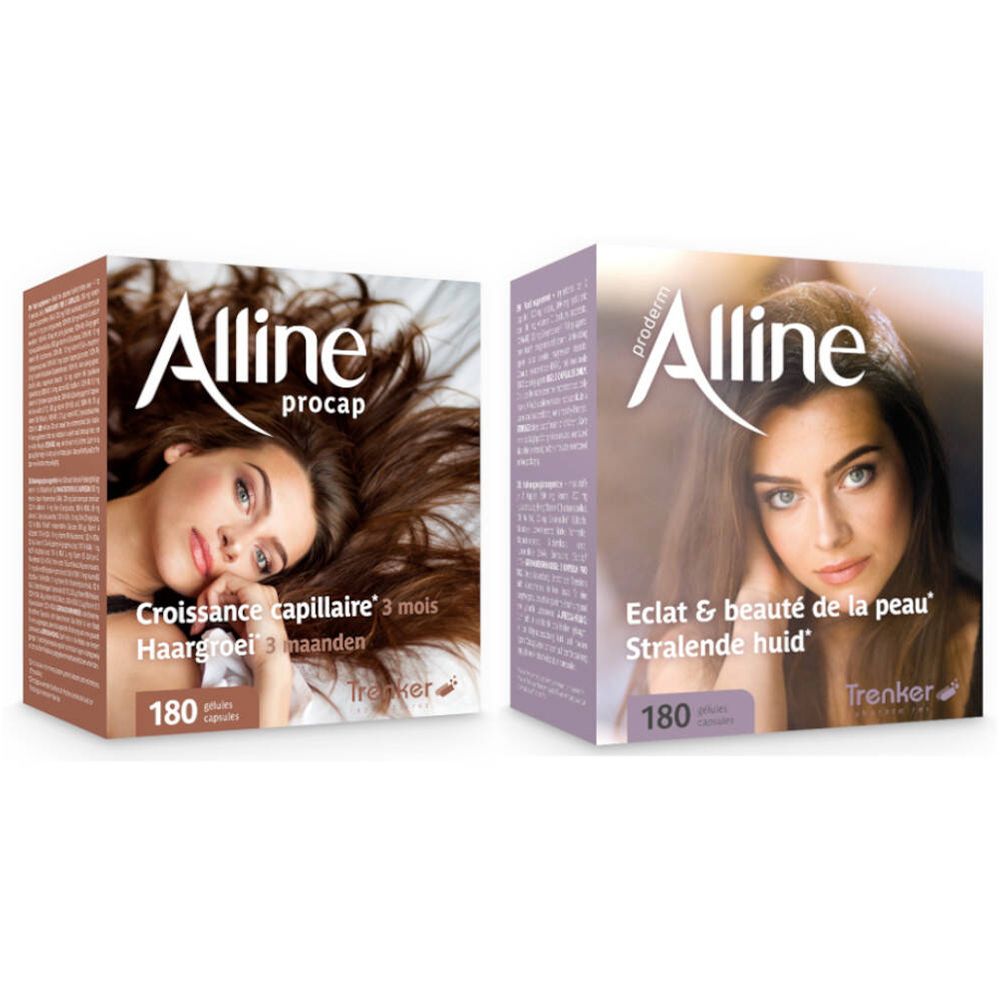 Zwei Schachteln mit "Alline"-Produkten. Aufschrift "procap" und "Proderm". Beide zeigen Frauen mit langen Haaren. 180 Kapseln.