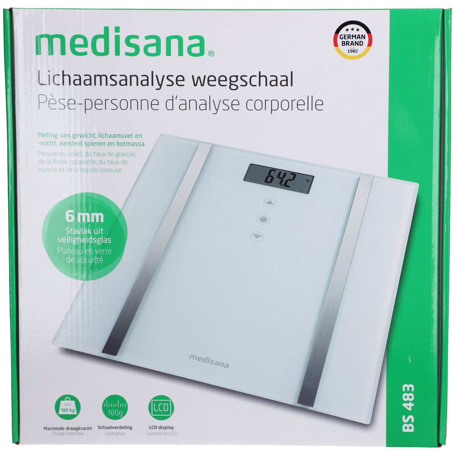 Balance d'analyse corporelle. Surface en verre blanc, bandes argentées. Écran numérique. Logo "Medisana". Label "German Brand".