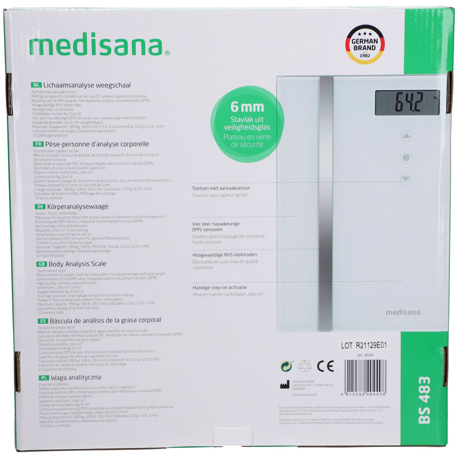 Dos de la balance d'analyse corporelle. Surface blanche, affichage numérique. Logo "Medisana". Label "German Brand". Texte multilingue.