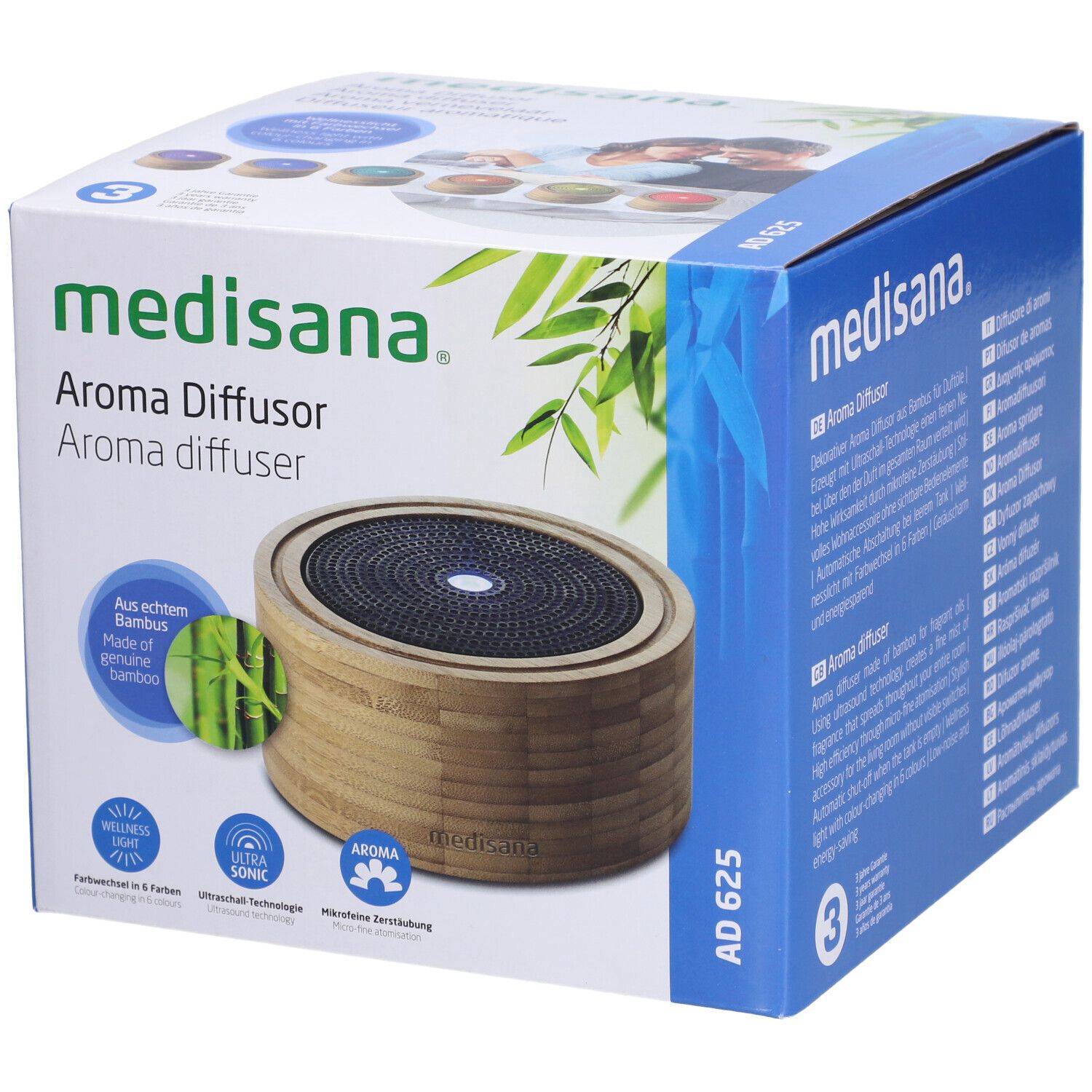 Verpackung des Medisana Aromadiffusors. Aufschrift: Aroma Diffusor. Produktabbildung: runder Diffusor aus Holz.