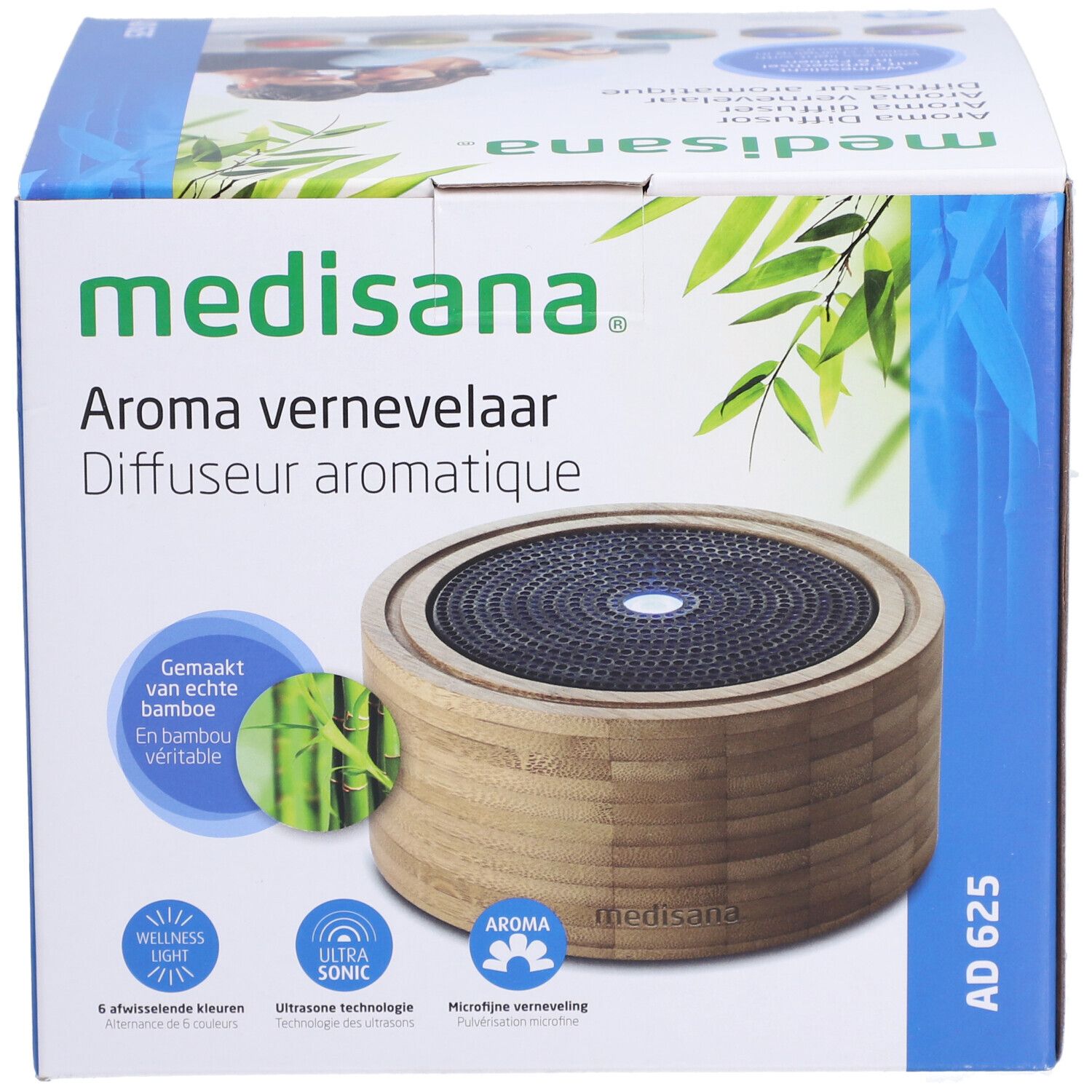 Verpackung des Medisana Aromadiffusors. Aufschrift: Aroma vernevelaar, Diffuseur aromatique. Produktabbildung: runder Diffusor aus Holz.