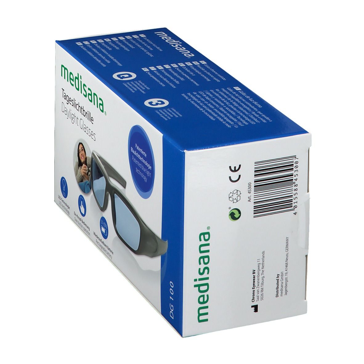 Schuine weergave van de verpakking van de daglichtbril. Opschrift: medisana, DG 100. Streepjescode en CE-teken.