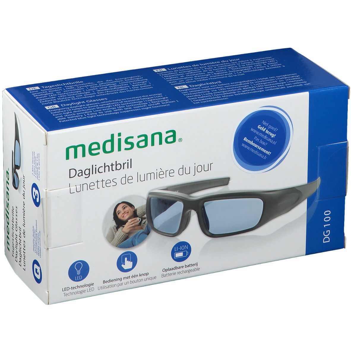 Verpakking van de daglichtbril. Opschrift: medisana, daglichtbril, DG 100. Bril afgebeeld.