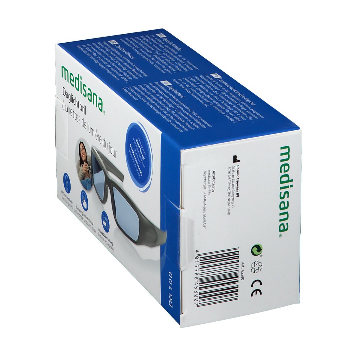 Schuine weergave van de verpakking van de daglichtbril. Opschrift: medisana, DG 100. Streepjescode en CE-teken.