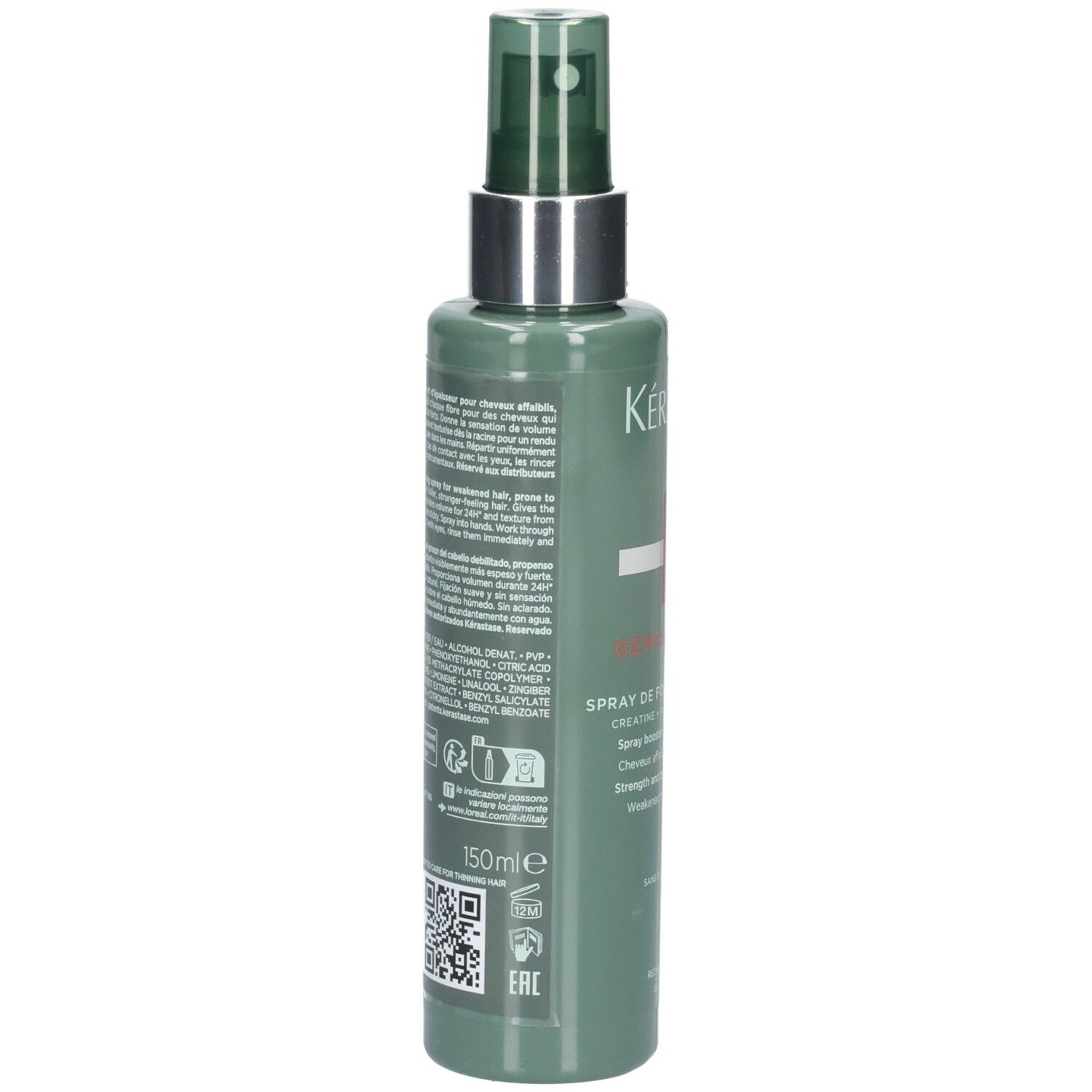 Rückseite der Kérastase Genesis Homme Spray de Force Épaississant Flasche mit Inhaltsstoffen.