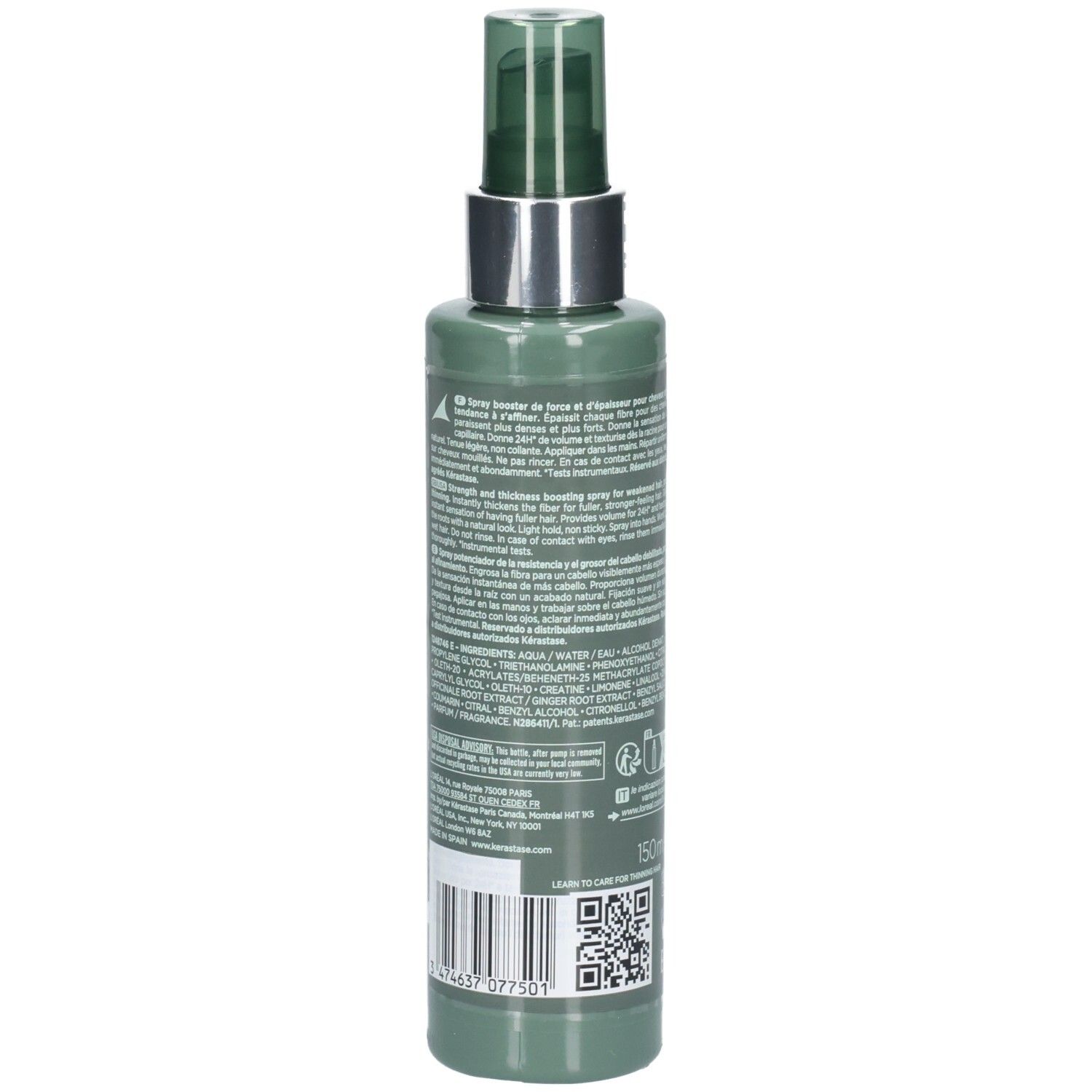 Rückseite der Kérastase Genesis Homme Spray de Force Épaississant Flasche mit Barcode und QR-Code.