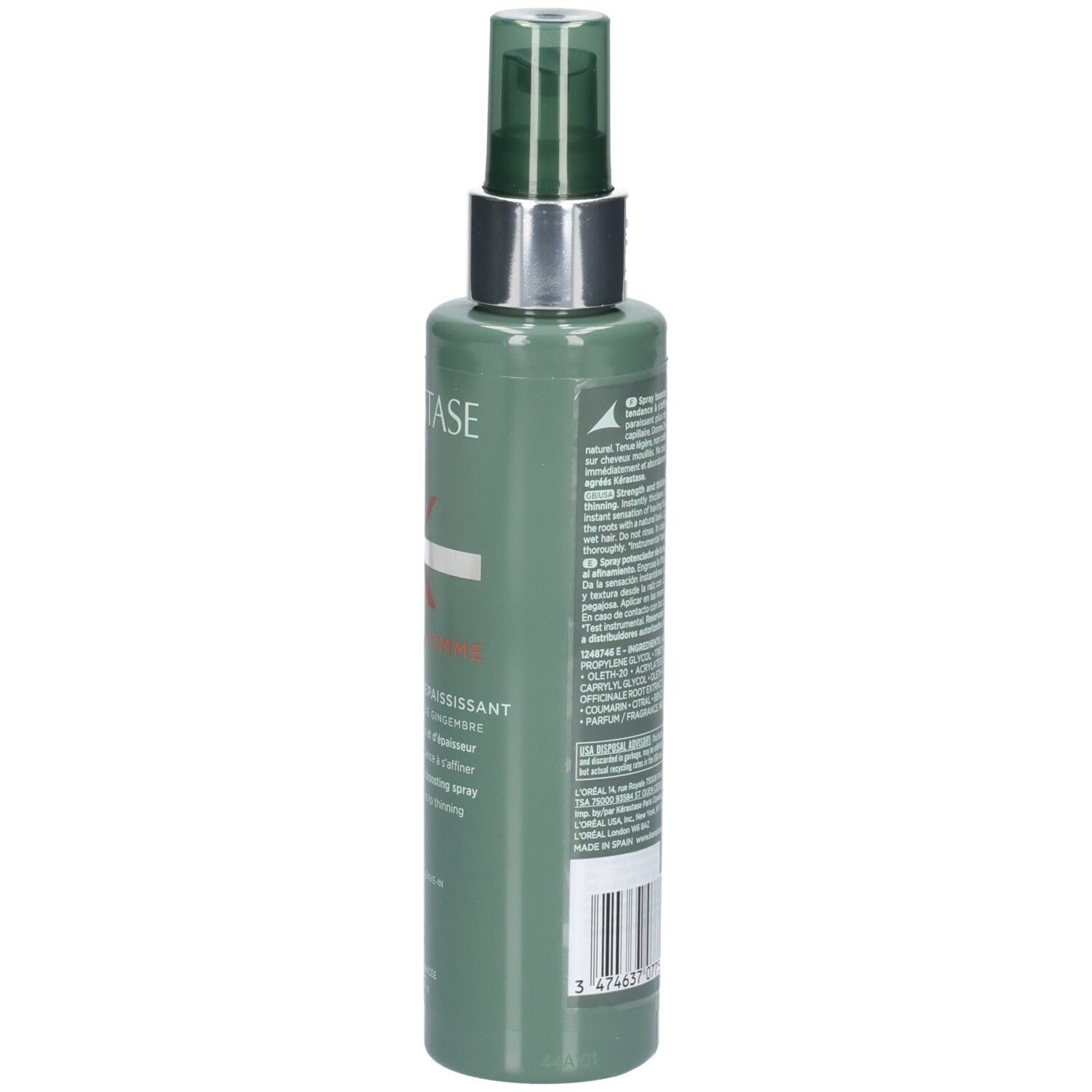 Seite der Kérastase Genesis Homme Spray de Force Épaississant Flasche mit Produktinformationen.