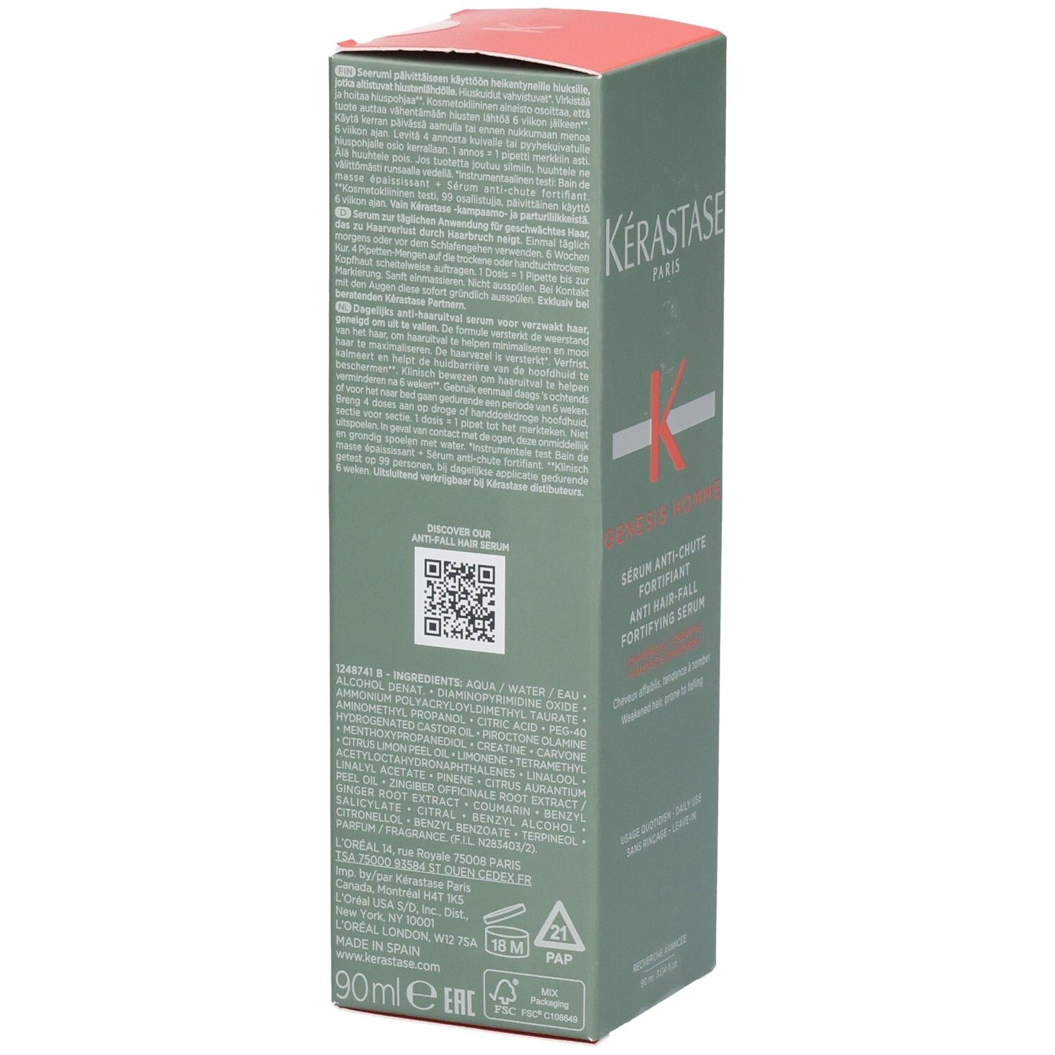 Kérastase Genesis Homme Serum Anti-Chute Fortifiant Kartonverpackung, Rückseite mit Text und QR-Code. 90ml.