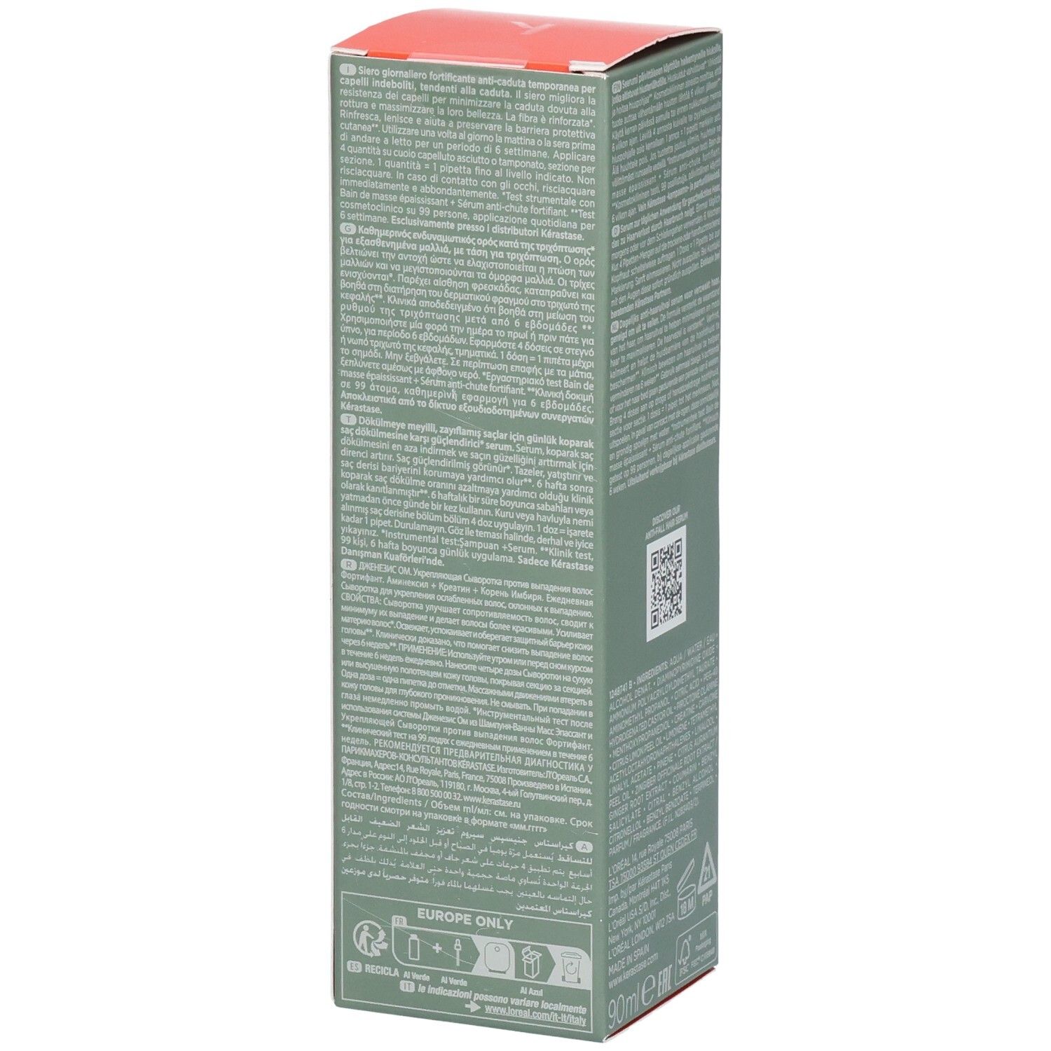 Kérastase Genesis Homme Serum Anti-Chute Fortifiant Kartonverpackung, Seite mit Text. 90ml.