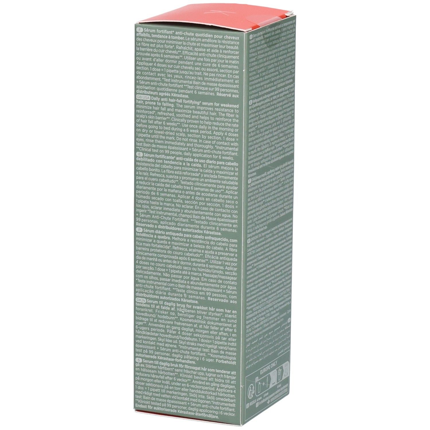 Kérastase Genesis Homme Serum Anti-Chute Fortifiant Kartonverpackung, Seite mit Text. 90ml.