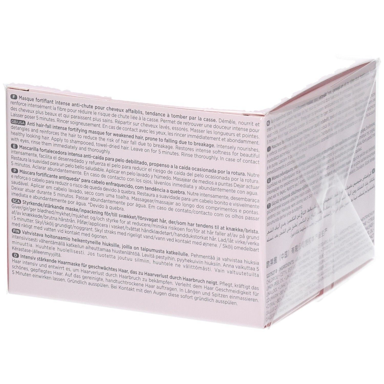 Kérastase Genesis Masque Reconstituant Haarkur, Seite mit mehrsprachigen Informationen.