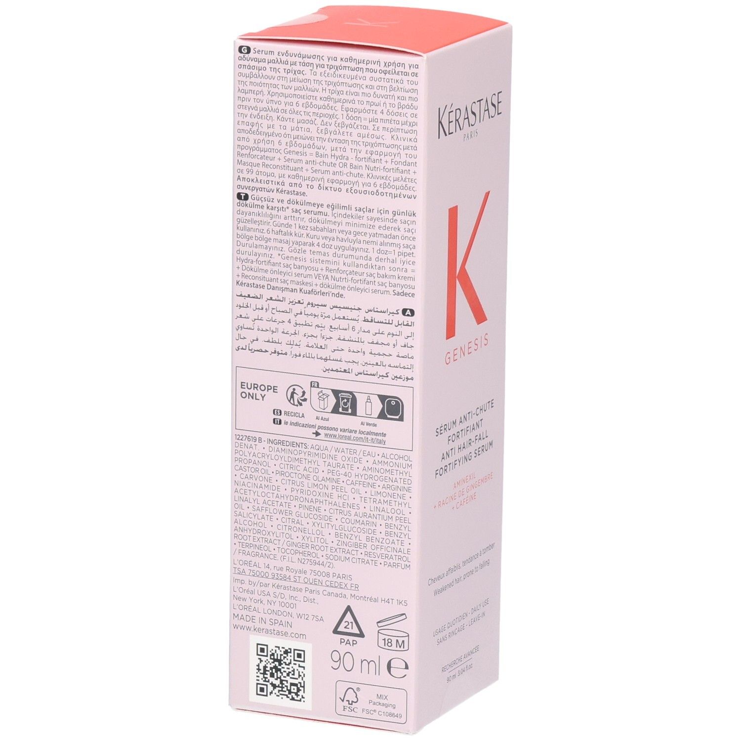 Kérastase Genesis Serum: Rückseite mit Inhaltsstoffen und Anwendungshinweisen. 90 ml.